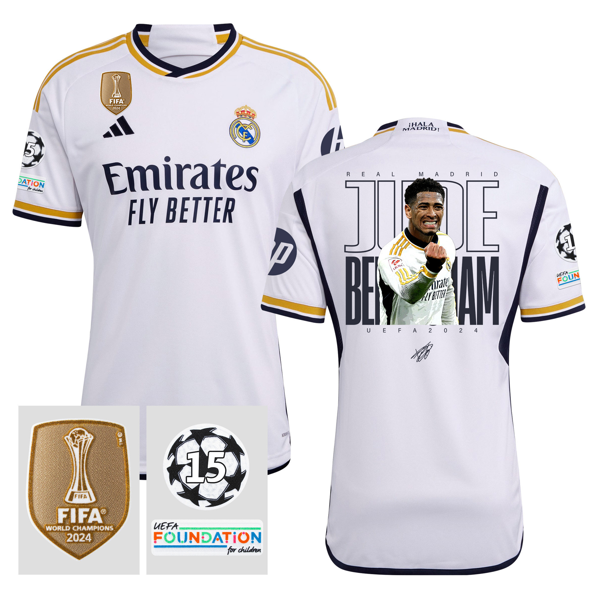Jude Bellingham 5 Starball 15 Times Champions Real Madrid 2023/24 UEFA Patch Men Home Jersey – Winner's Icon Idea