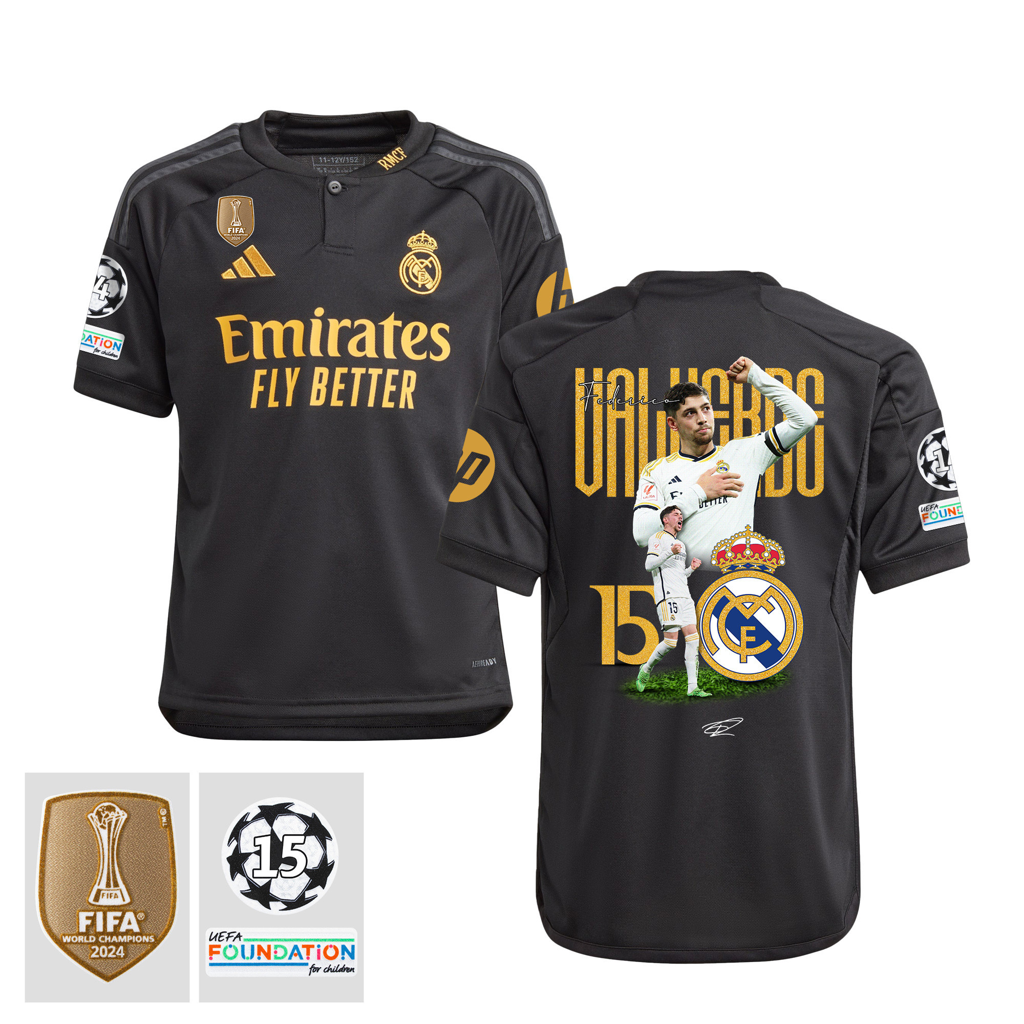 Federico Valverde 15 Starball 15 Times Champions Real Madrid 2023/24 UEFA Patch- Third YOUTH Jersey
