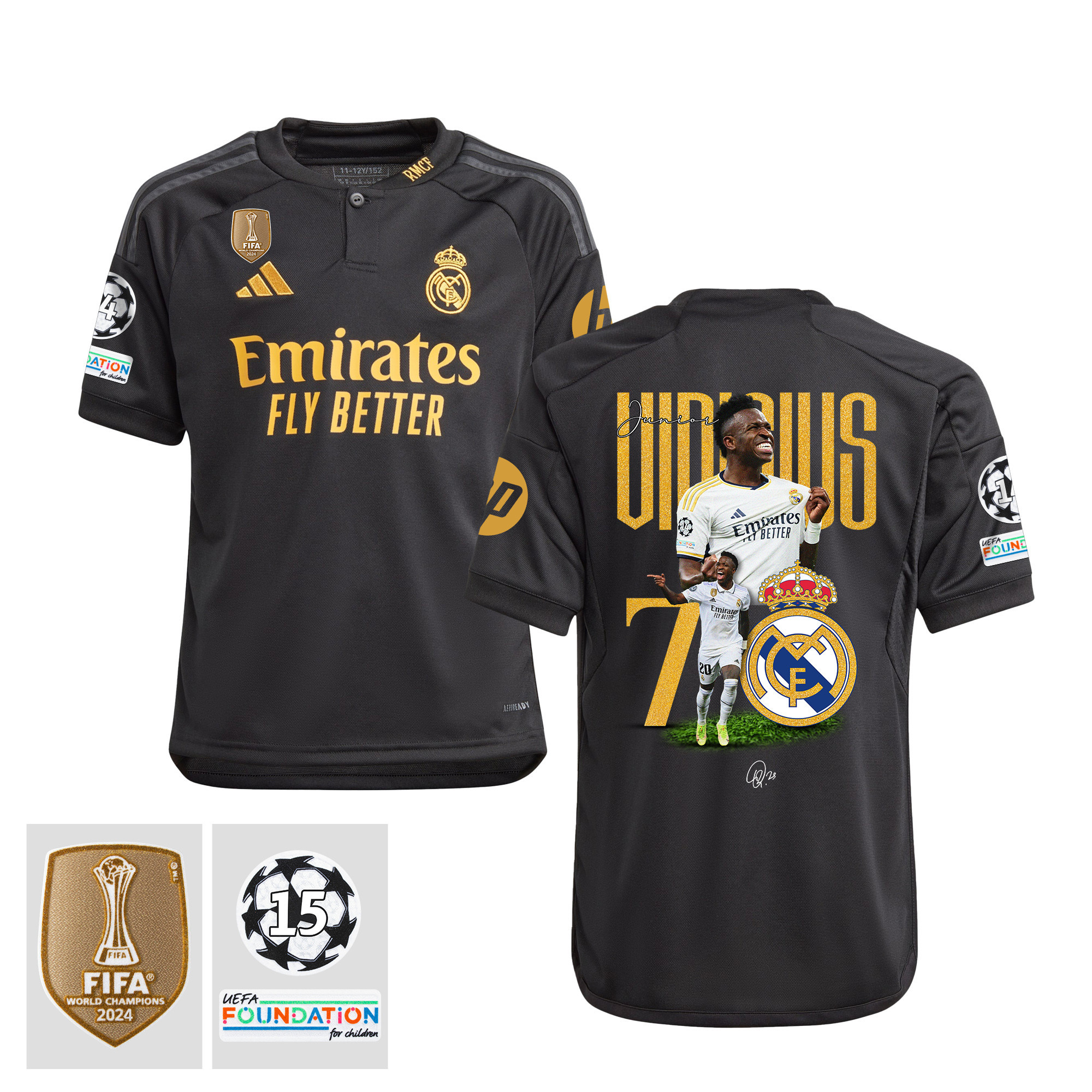 Vinicius Junior 7 Starball 15 Times Champions Real Madrid 2023/24 UEFA Patch- Third YOUTH Jersey