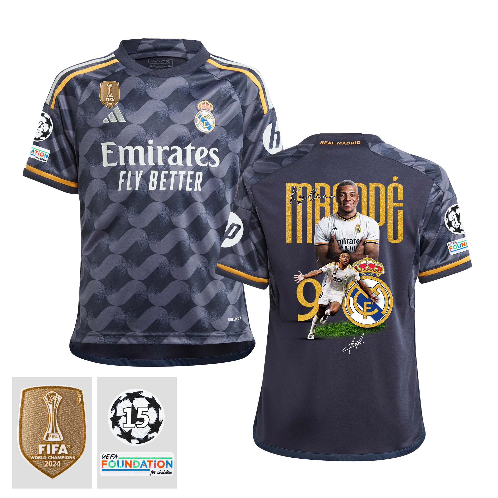 Kylian Mbapp 9 Starball 15 Times Champions Real Madrid 2023/24 UEFA Patch- Away YOUTH Jersey