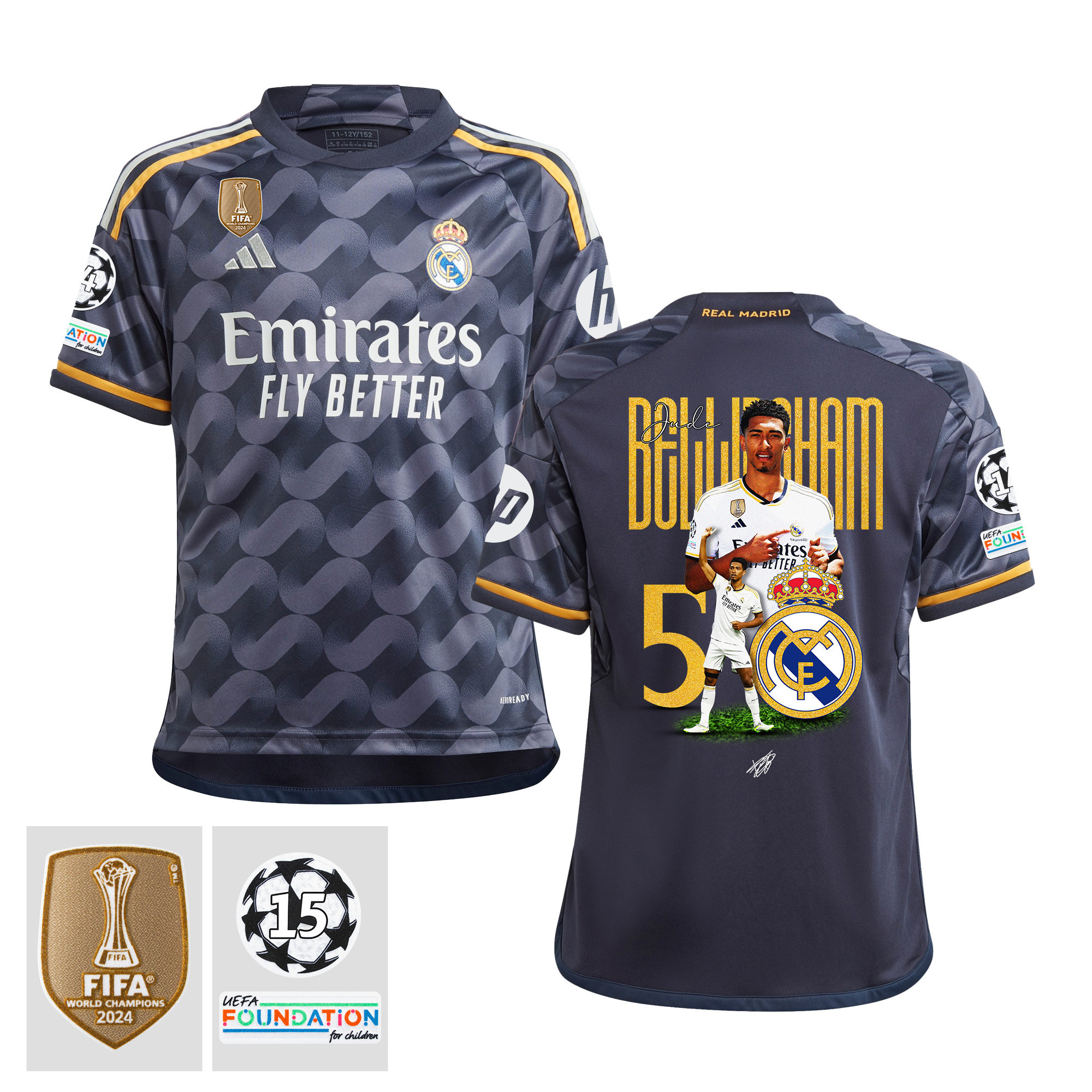 Jude Bellingham 5 Starball 15 Times Champions Real Madrid 2023/24 UEFA Patch- Away YOUTH Jersey
