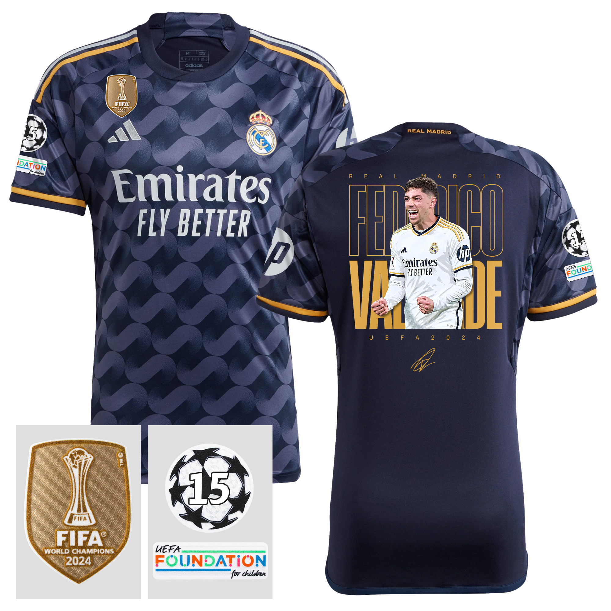 Federico Valverde 15 Starball 15 Times Champions Real Madrid 2023/24 UEFA Patch Men Away Jersey – Winner's Icon Idea