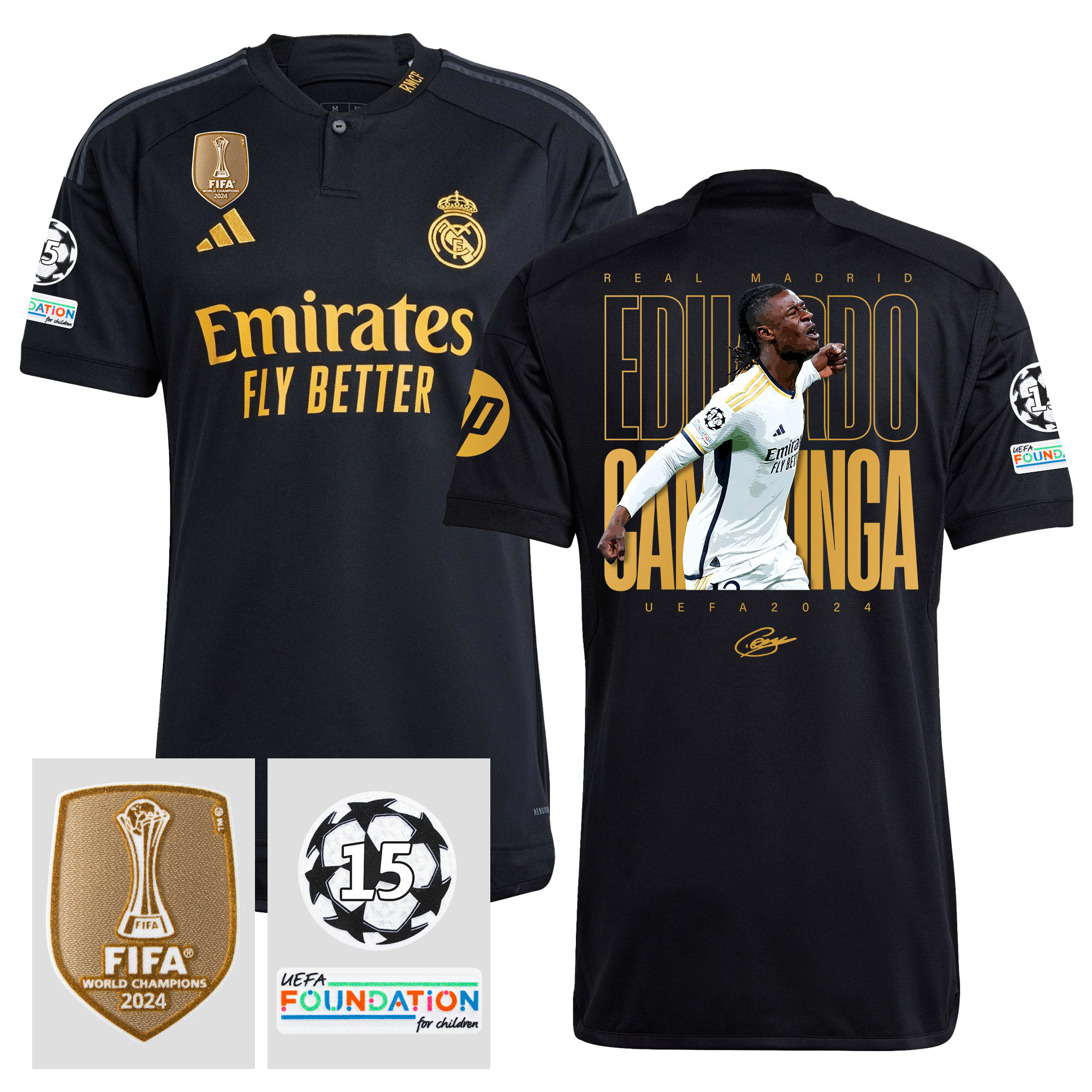 Eduardo Camavinga 12 Starball 15 Times Champions Real Madrid 2023/24 UEFA Patch Men Third Jersey – Winner's Icon Idea