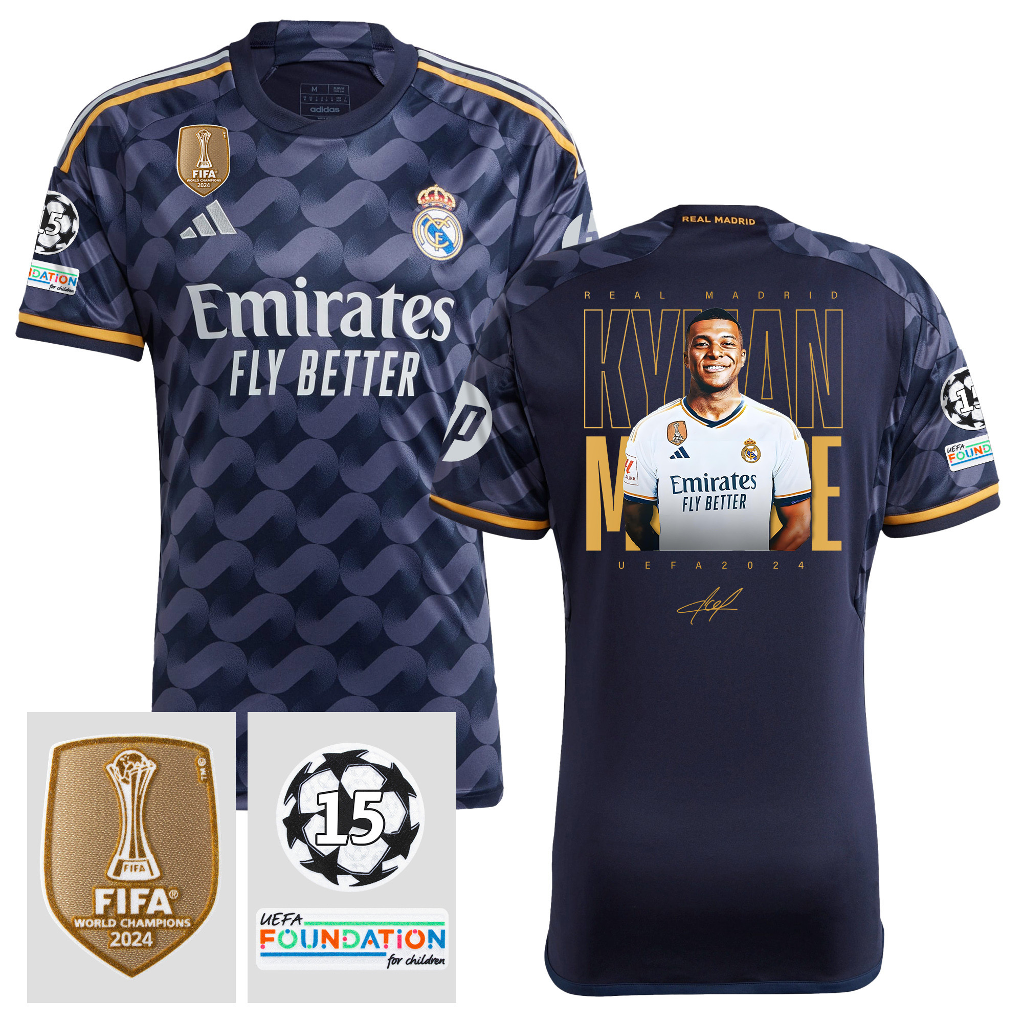 Kylian Mbapp Starball 15 Times Champions Real Madrid 2023/24 UEFA Patch Men Away Jersey – Winner's Icon Idea