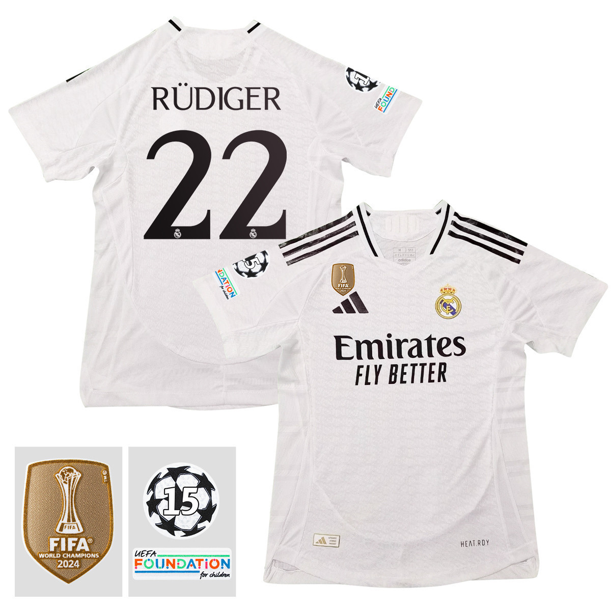 Antonio Rdiger 22 Real Madrid 2024/25 15 Times Champions Patch Home Jersey – Men, White
