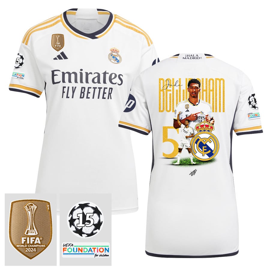 Jude Bellingham 5 Starball 15 Times Champions Real Madrid 2023/24 UEFA Patch Home Women Jersey, Trophy-Laden Journey