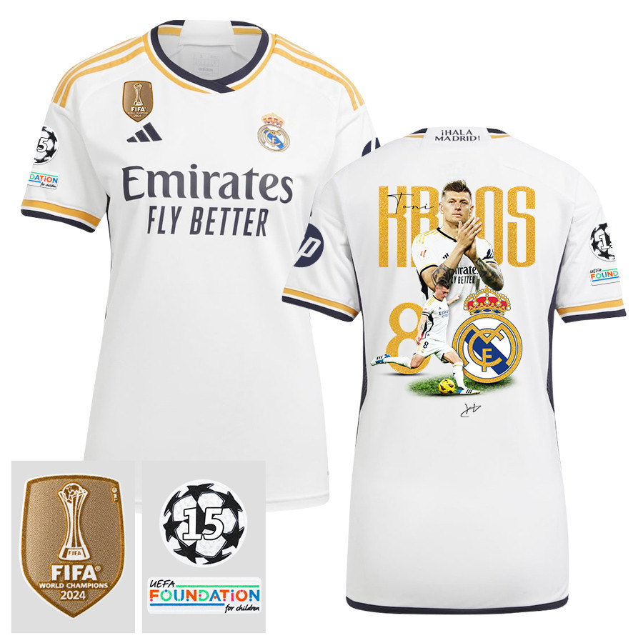 Toni Kroos 8 Starball 15 Times Champions Real Madrid 2023/24 UEFA Patch Home Women Jersey, Trophy-Laden Journey