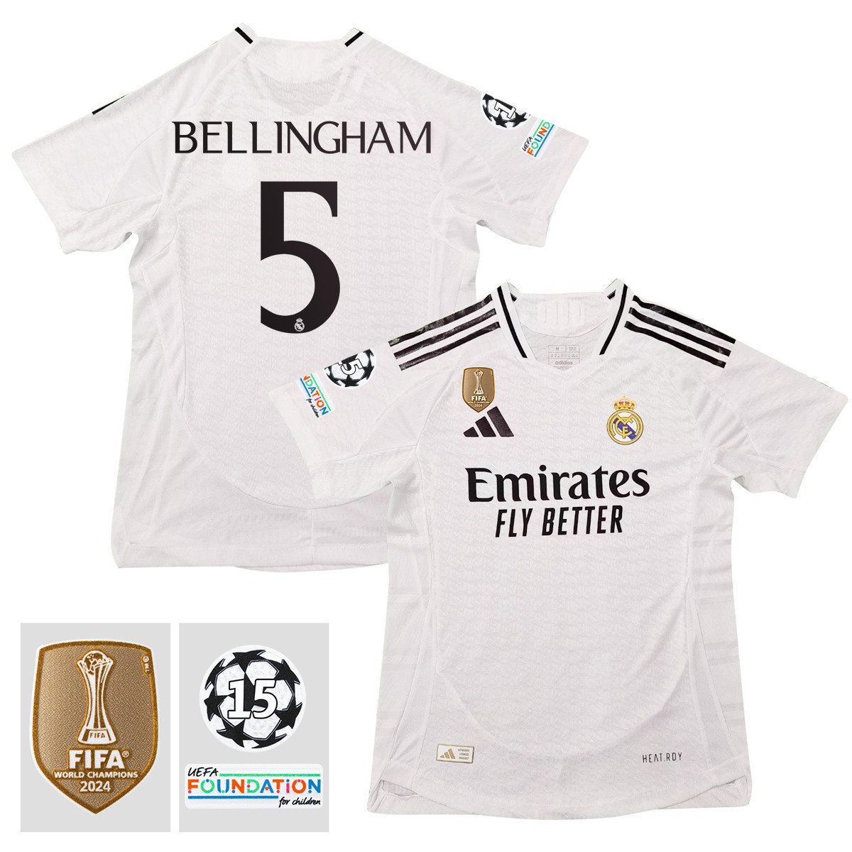 Jude Bellingham 5 Real Madrid 2024/25 15 Times Champions Patch Home Jersey – Men, White