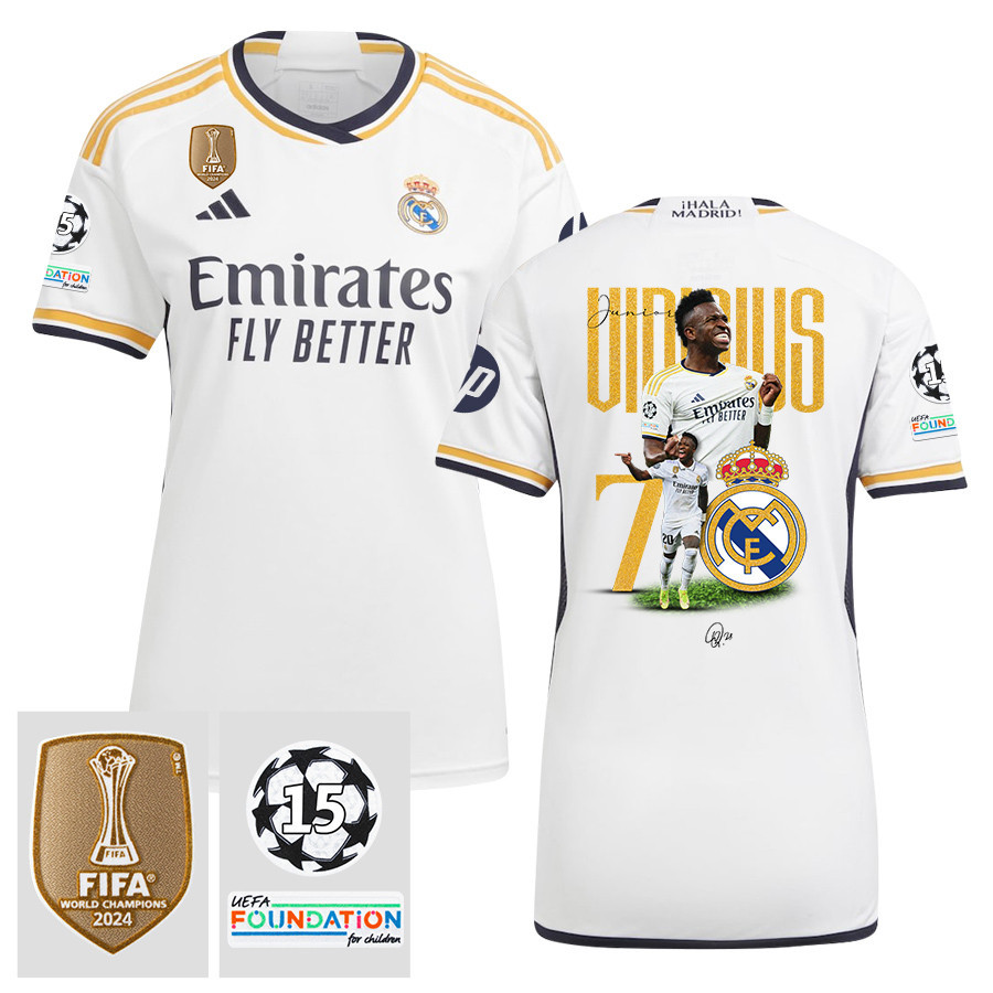 Vinicius Junior 7 Starball 15 Times Champions Real Madrid 2023/24 UEFA Patch Home Women Jersey, Trophy-Laden Journey