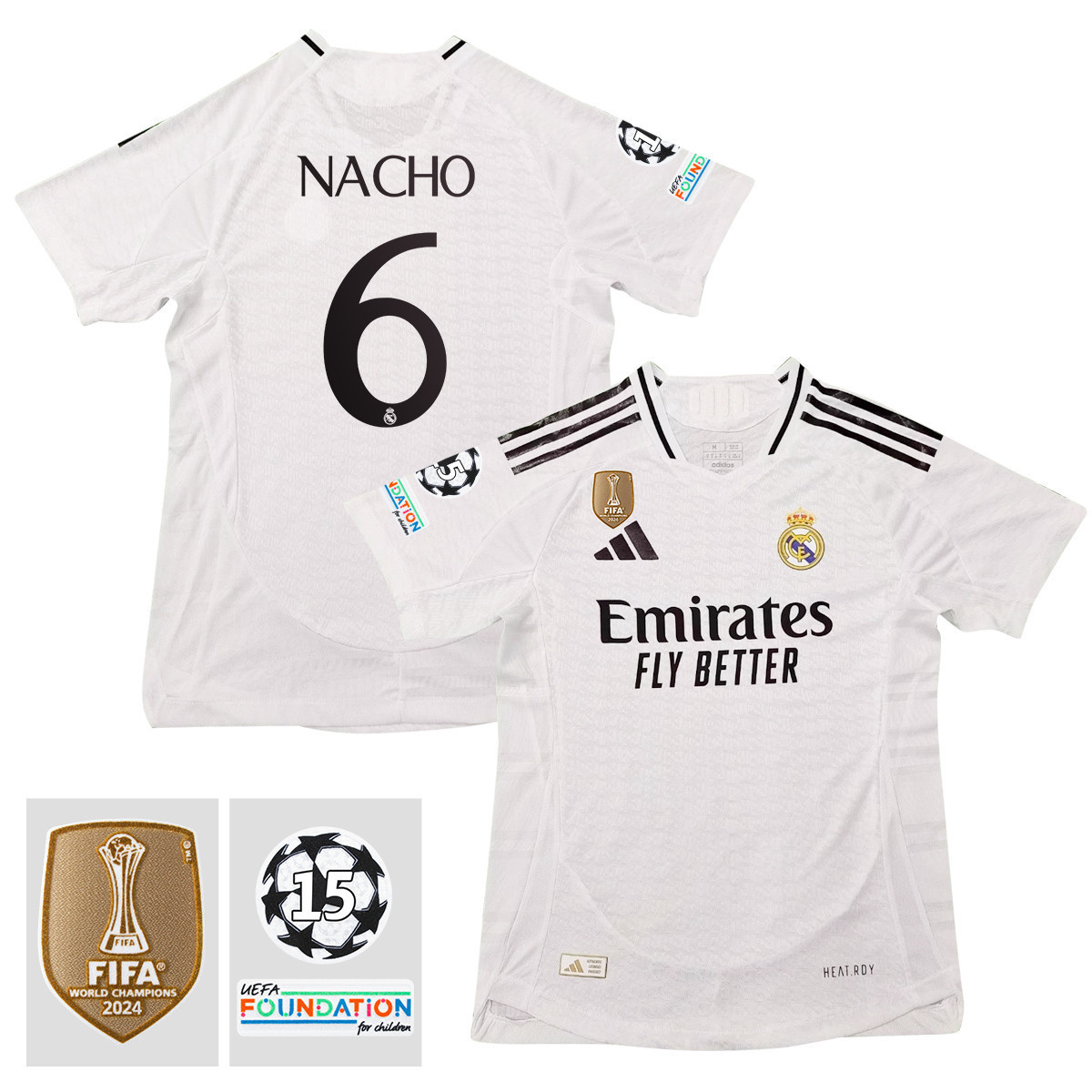 Nacho 6 Real Madrid 2024/25 15 Times Champions Patch Home Jersey – Men, White