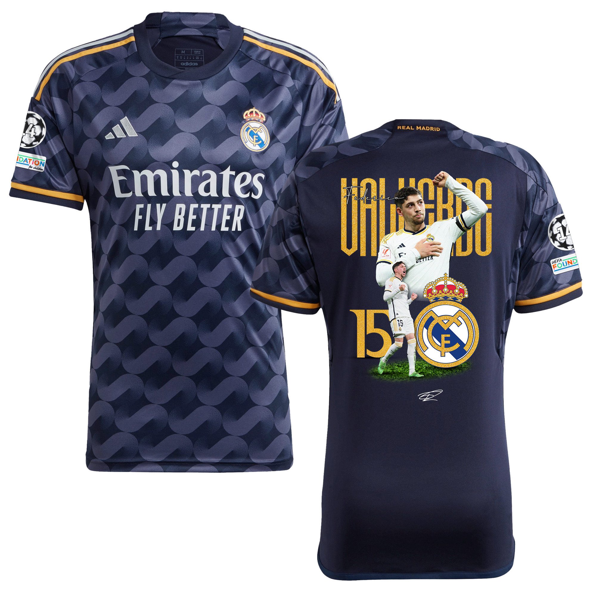 Federico Valverde 15 Real Madrid 2023/24 UEFA 14 Times Champions Patch Away Jersey – Men, UEFA Patch