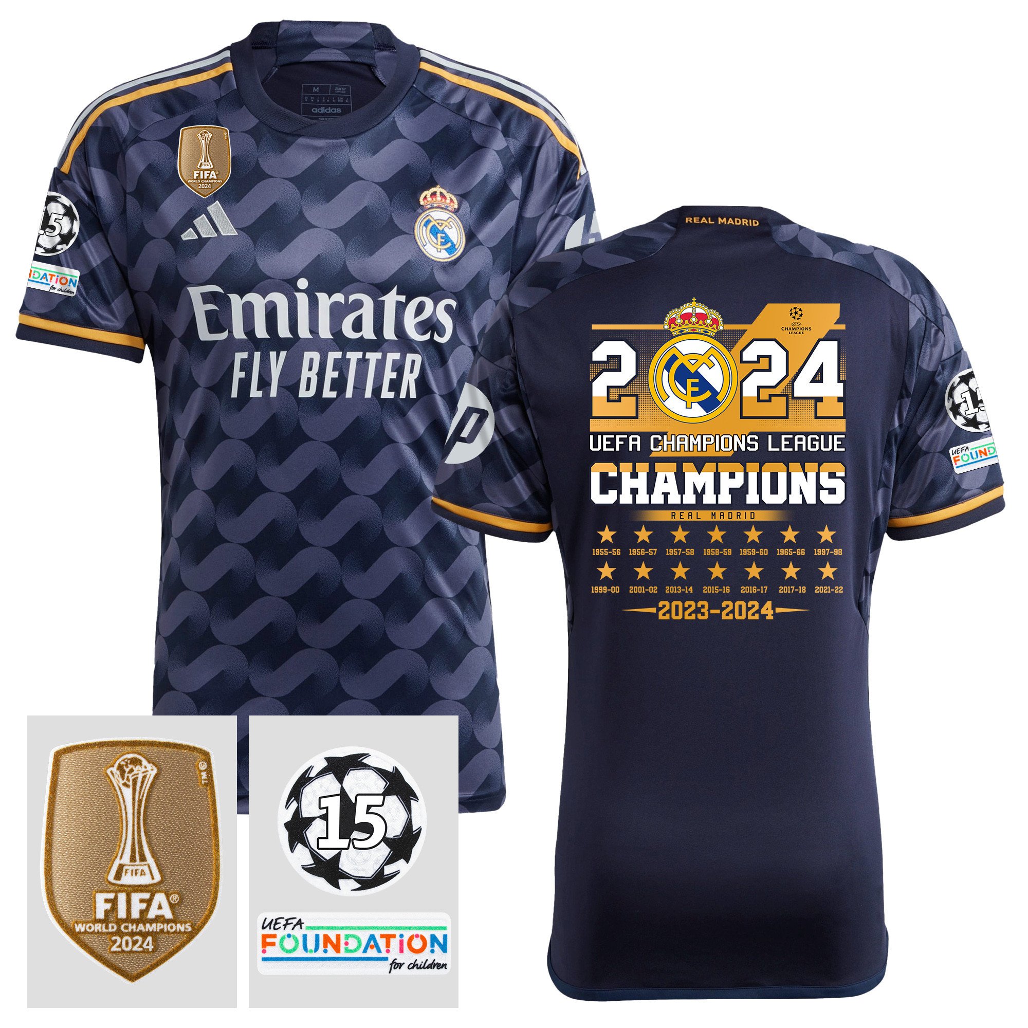 Real Madrid 15 Times Championship Record 2023/24 Away Jersey – UEFA Patch, Men