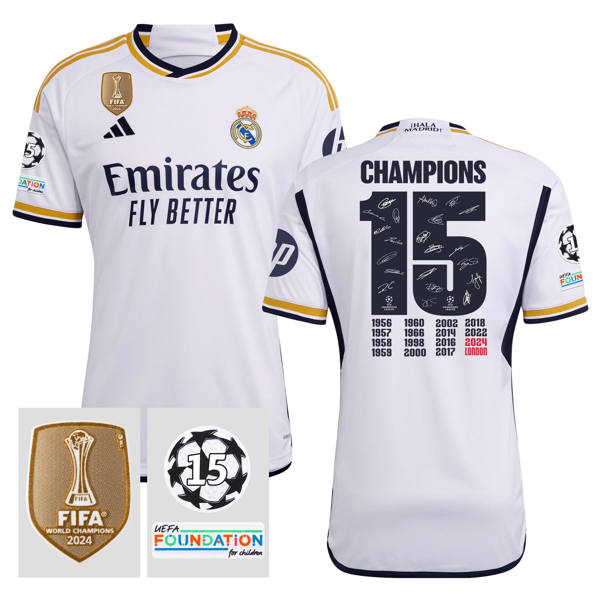 Real Madrid Team Signed UEFA 15 Times Champions 2023/24 Home Jersey with UEFA Patch, Men White