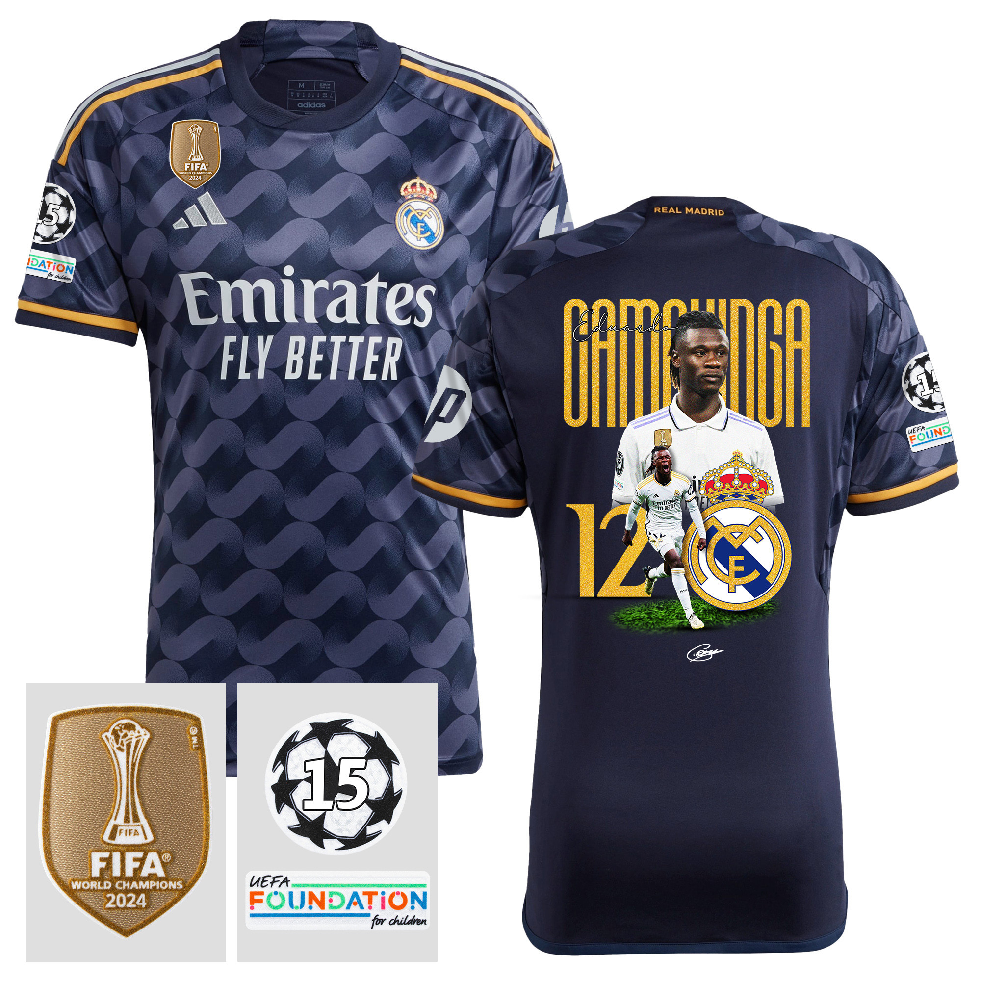 Eduardo Camavinga 12 Legacy Of A Legend 15 Times Champions Real Madrid 2023/24 UEFA Patch Away Jersey – Men