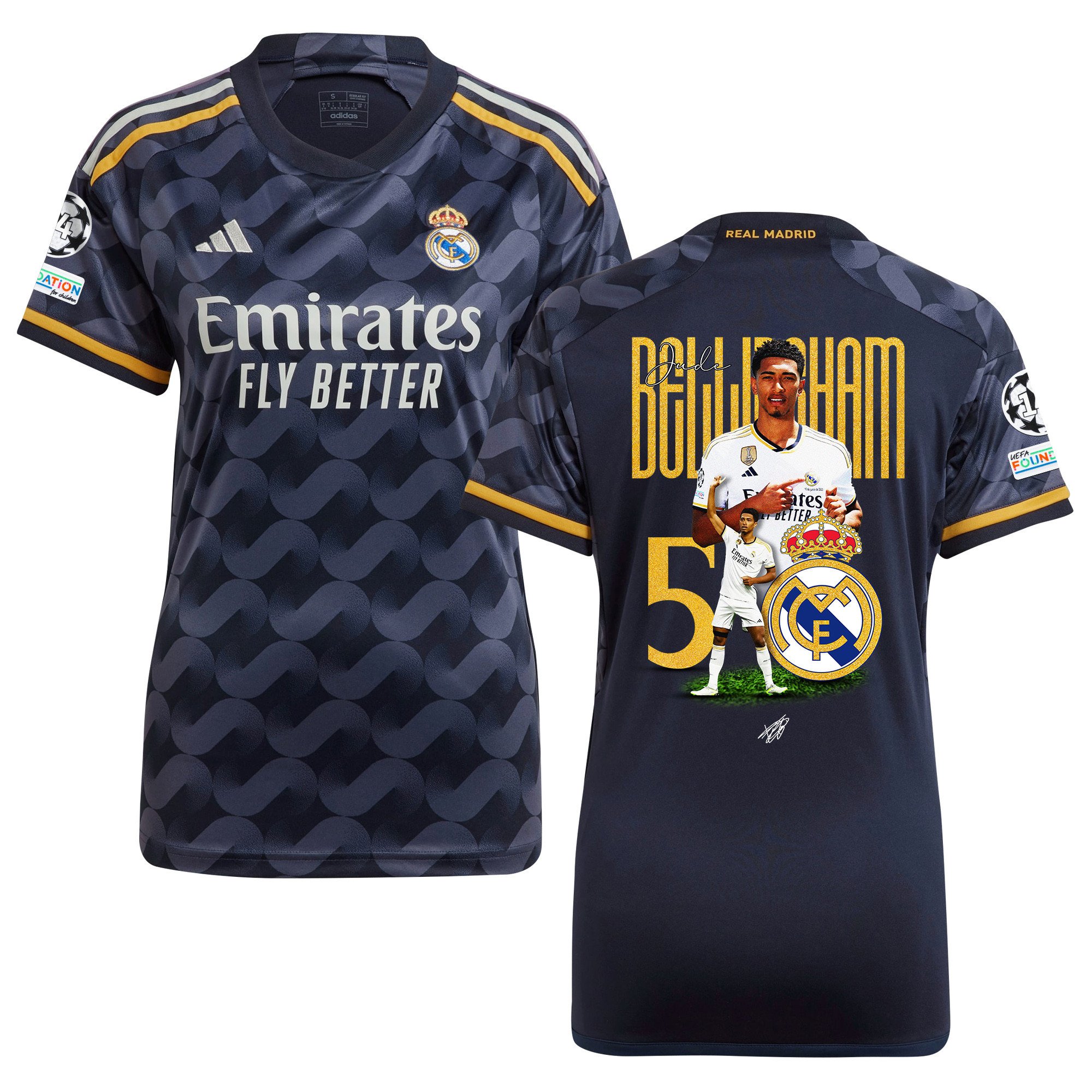 Jude Bellingham 5 Real Madrid 2023/24 UEFA 14 Times Champions Patch Away Women Jersey – UEFA Patch