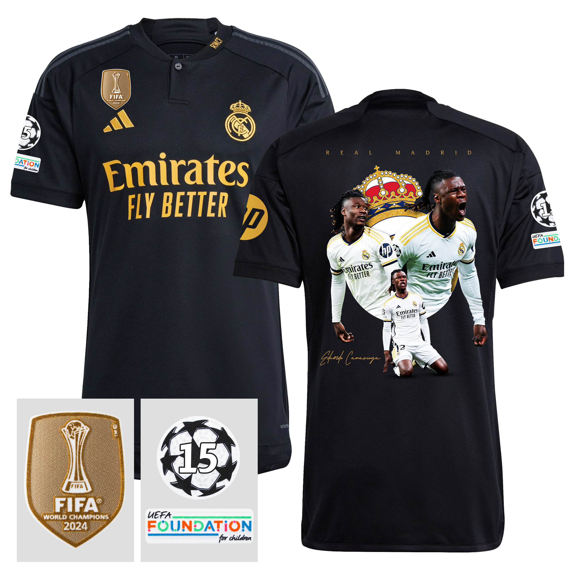 Eduardo Camavinga 12 Real Madrid 2023/24 15 Times Champions UEFA Patch Third Jersey – Men