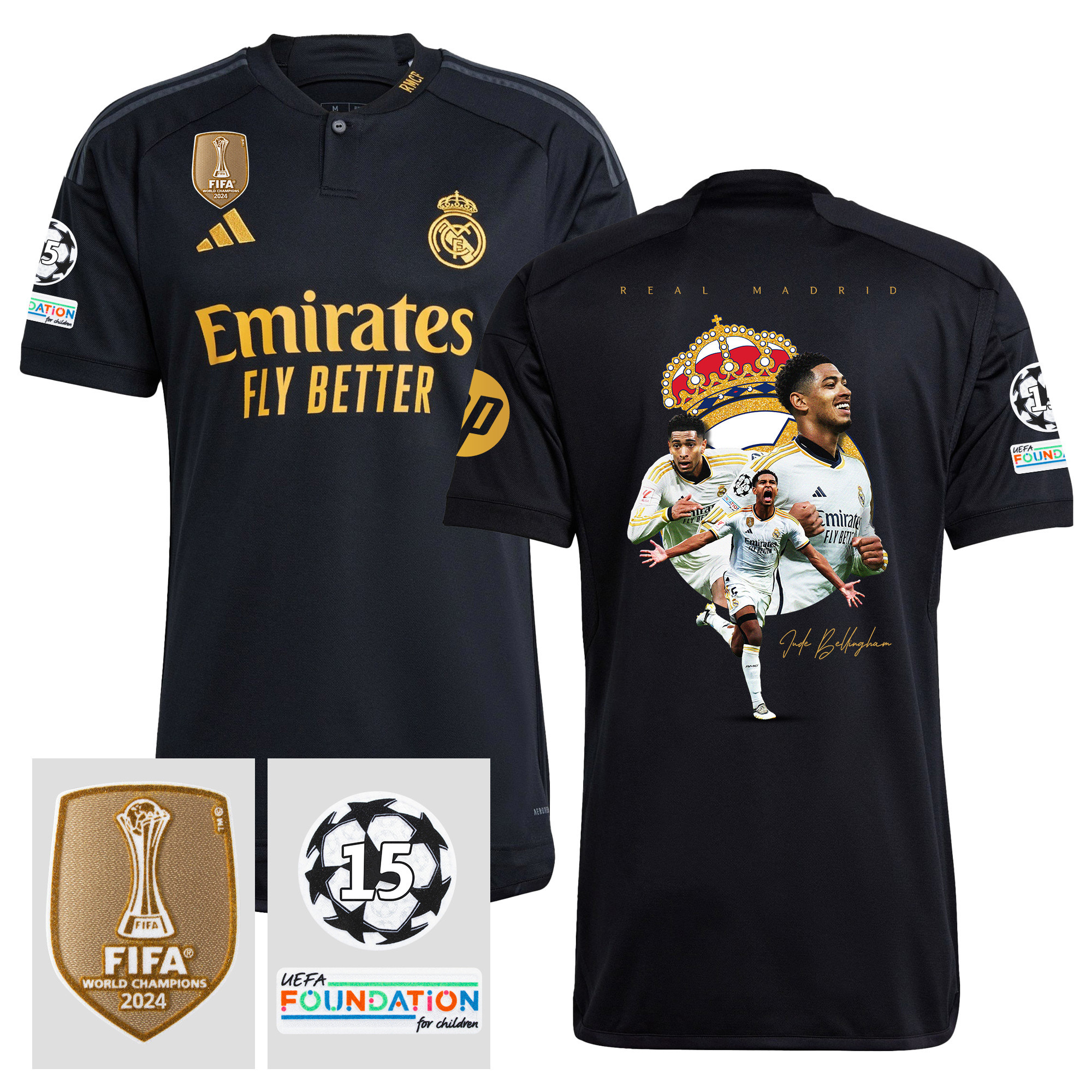 Jude Bellingham 5 Real Madrid 2023/24 15 Times Champions UEFA Patch Third Jersey – Men