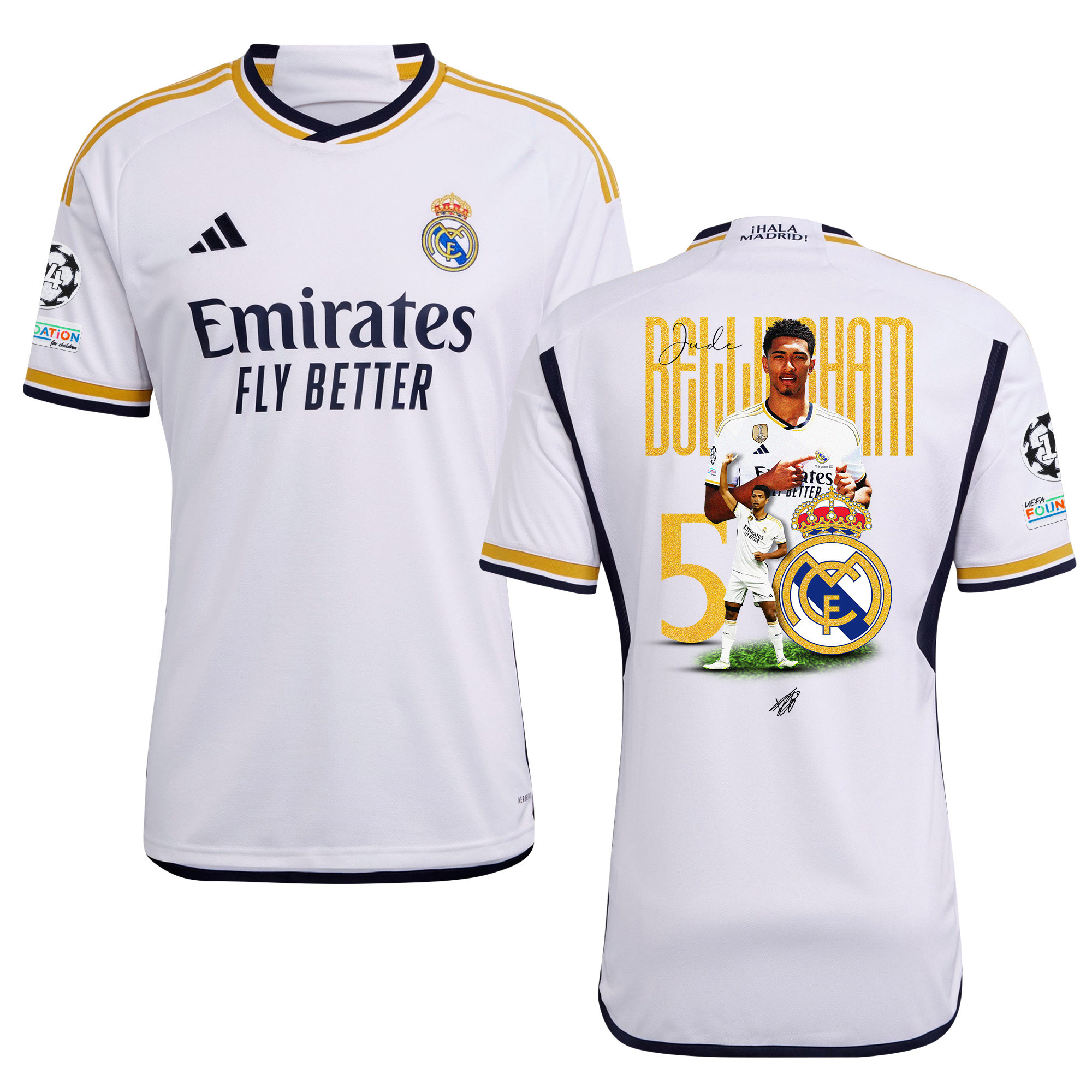 Jude Bellingham 5 Real Madrid 2024/25 UEFA 14 Times Champions Patch Home Jersey – Men, UEFA Patch