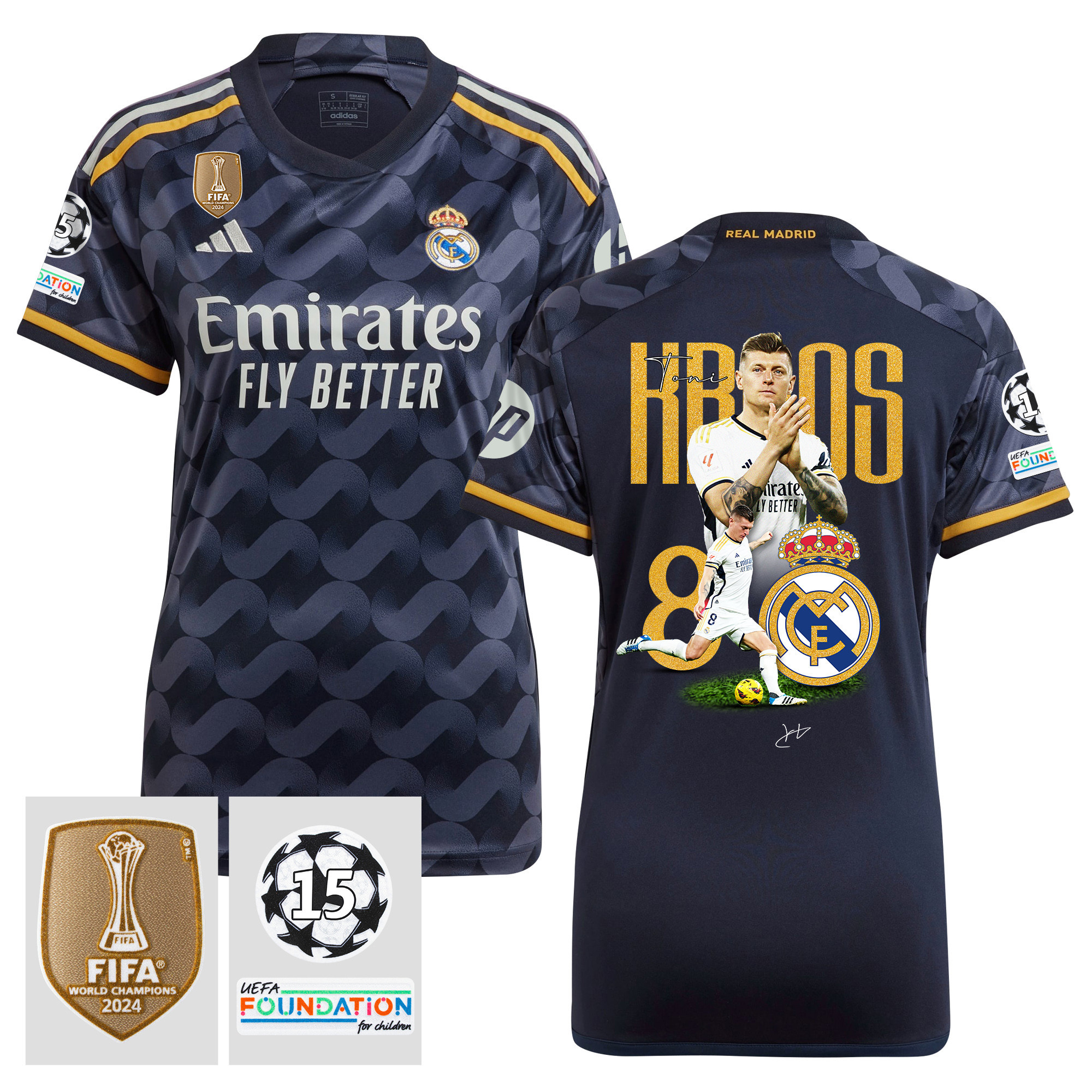 Toni Kroos 8 Starball 15 Times Champions Real Madrid 2023/24 UEFA Patch Away Women Jersey, Trophy-Laden Journey