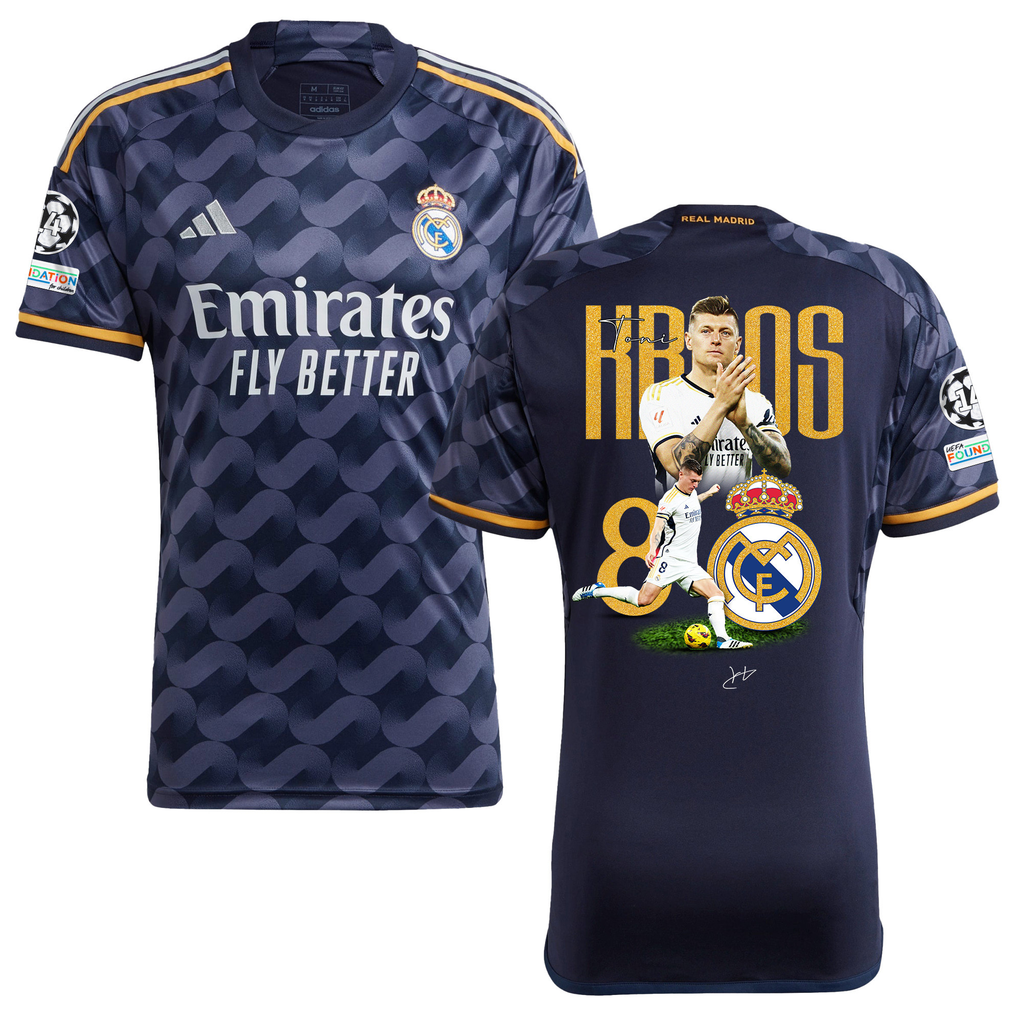 Toni Kroos 8 Real Madrid 2023/24 UEFA 14 Times Champions Patch Away Jersey – Men, UEFA Patch