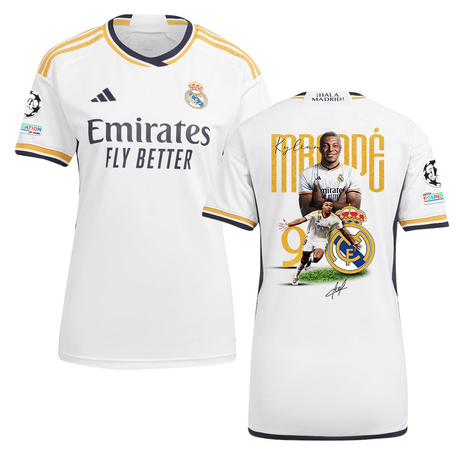 Kylian Mbappe 9 Real Madrid 2023/24 UEFA 14 Times Champions Patch Home Women Jersey – UEFA Patch