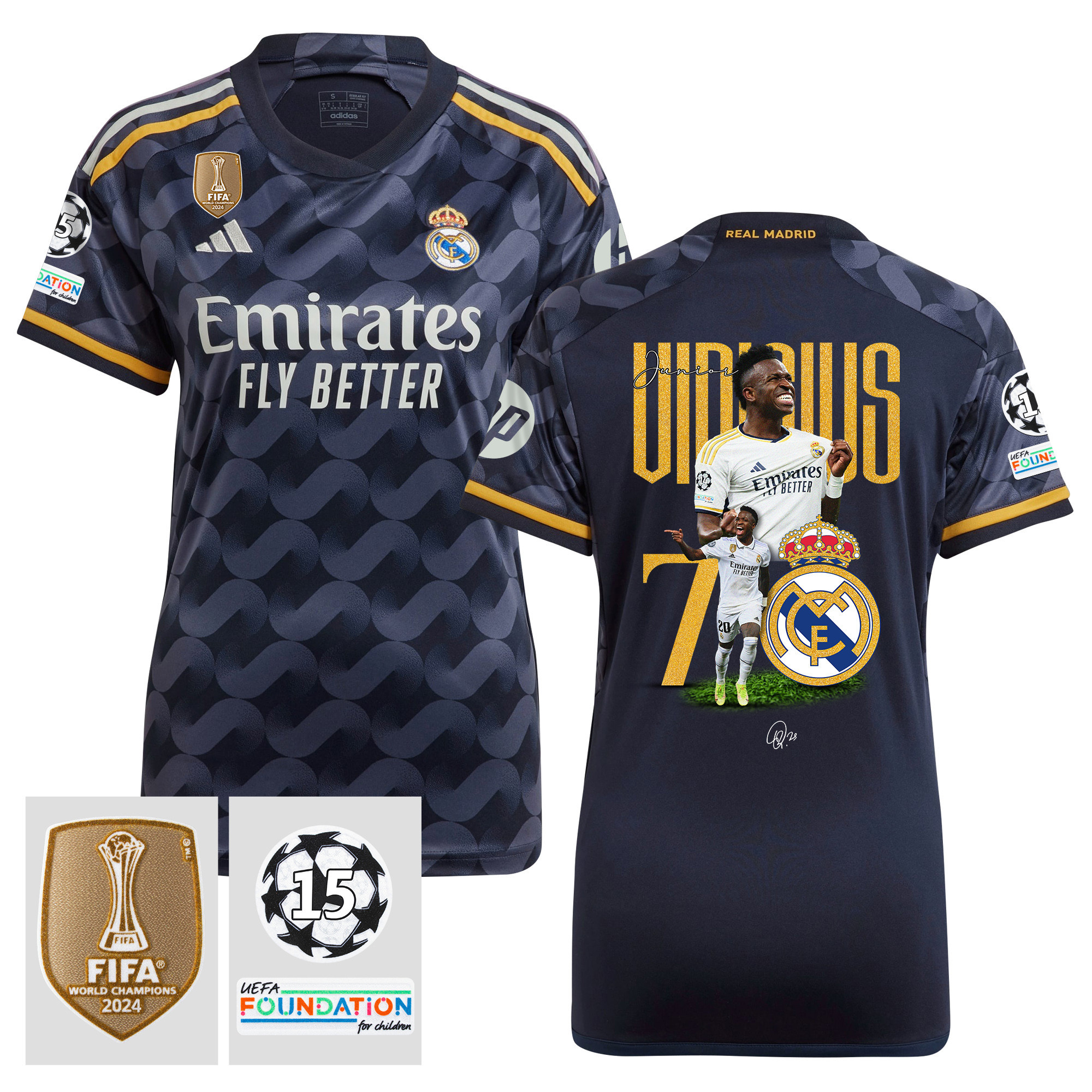 Vinicius Junior 7 Starball 15 Times Champions Real Madrid 2023/24 UEFA Patch Away Women Jersey, Trophy-Laden Journey