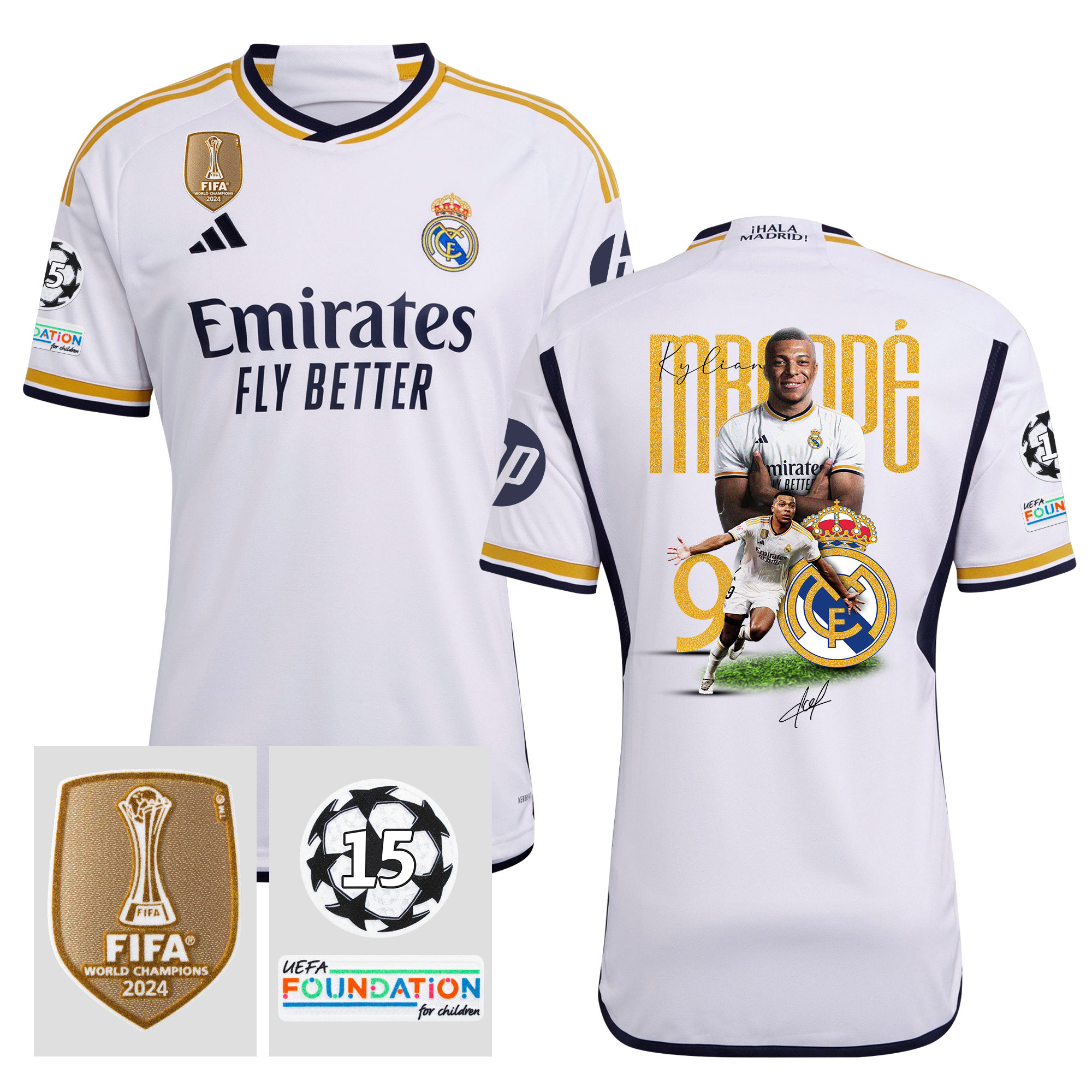 Kylian Mbappe 9 New Star Of Club 15 Times Champions Real Madrid 2023/24 UEFA Patch Home Jersey – Men