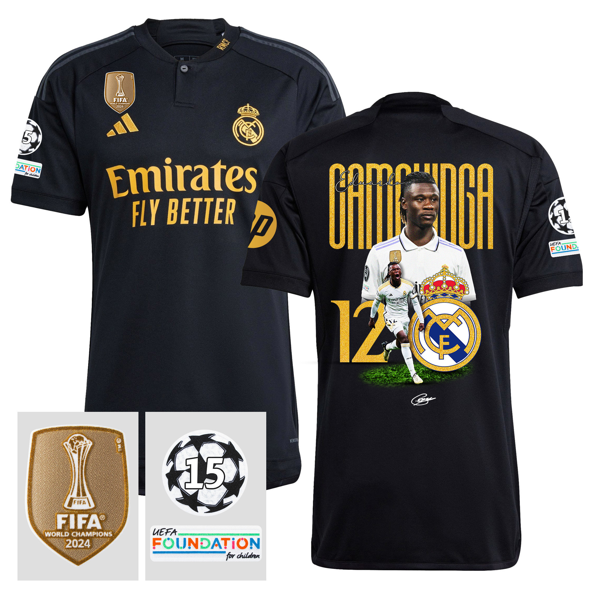 Eduardo Camavinga 12 Legacy Of A Legend 15 Times Champions Real Madrid 2023/24 UEFA Patch Third Jersey – Men