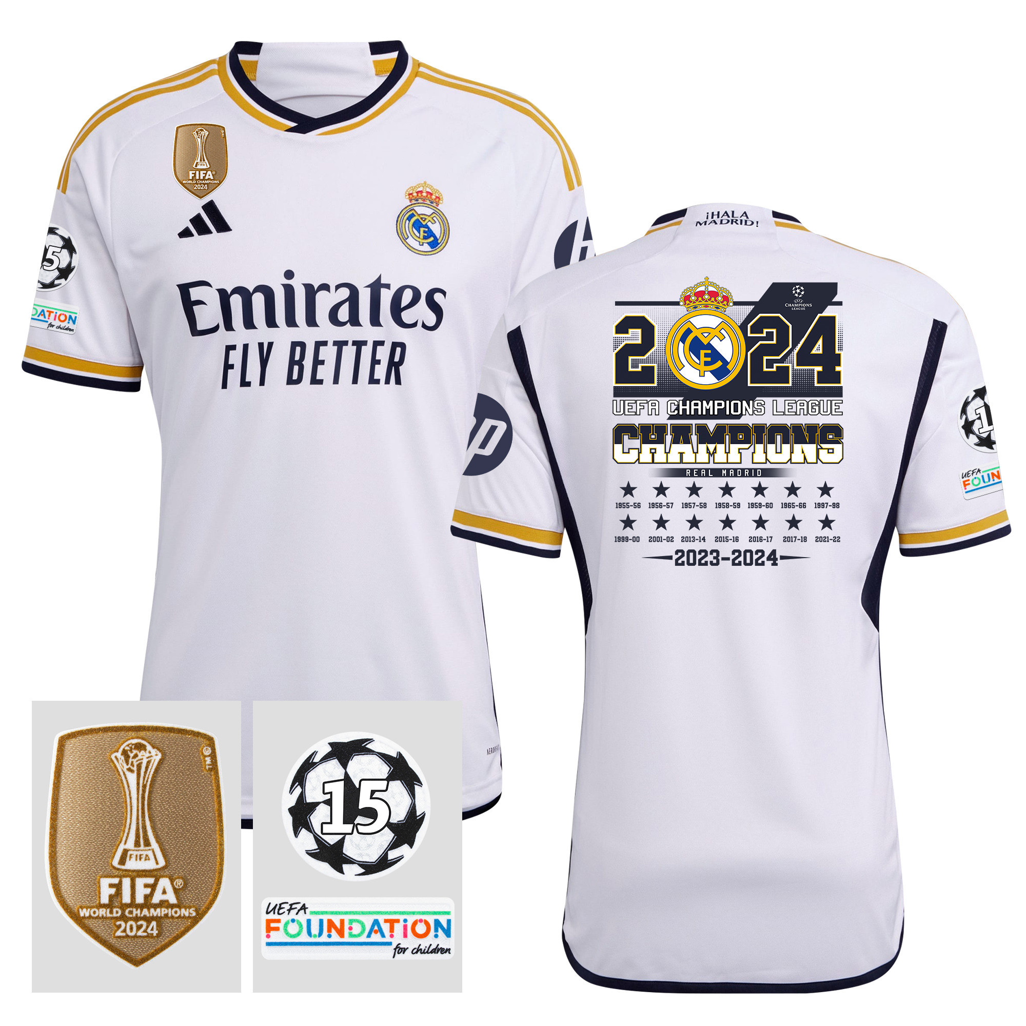 Real Madrid 15 Times Championship Record 2023/24 Home Jersey – UEFA Patch, Men