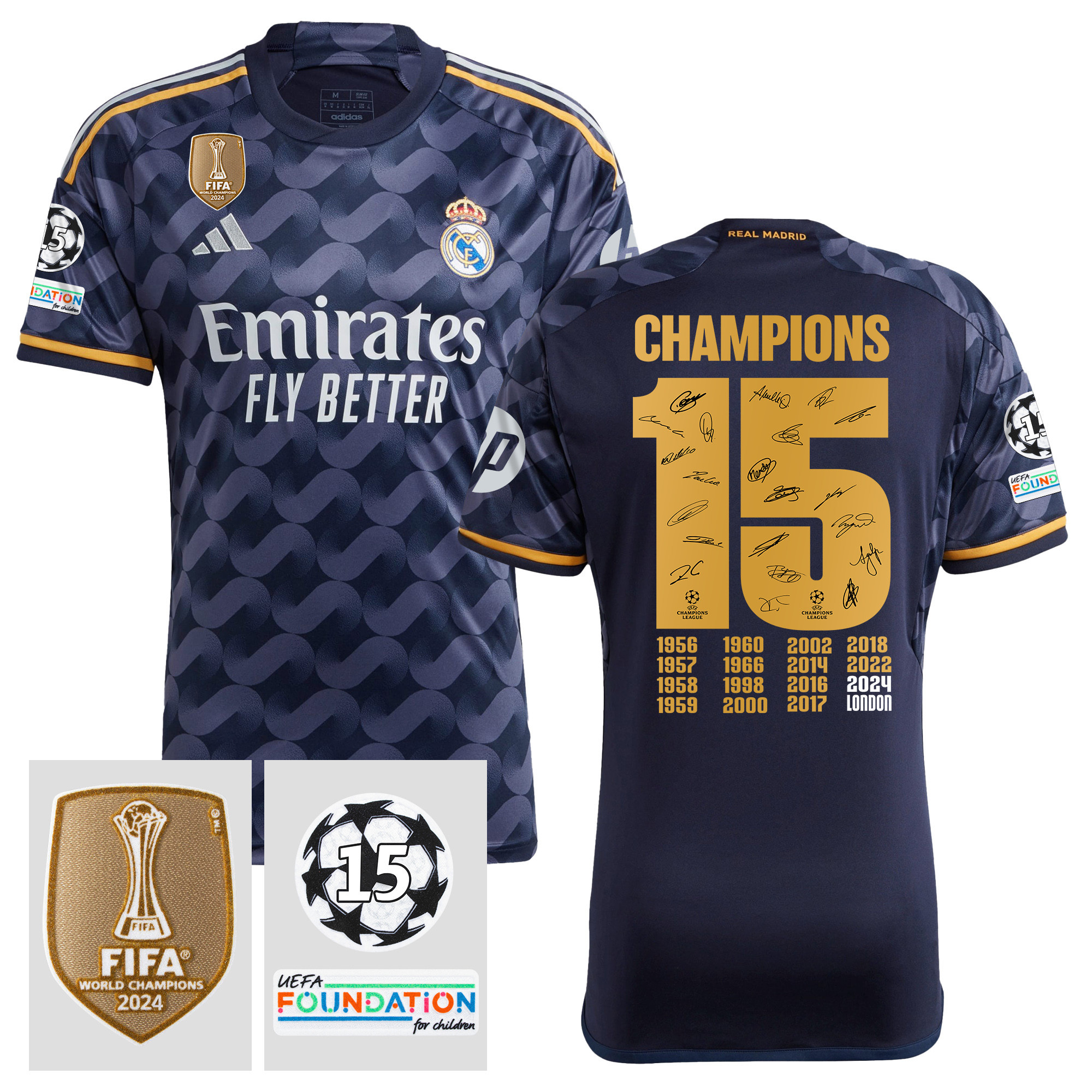 Real Madrid Team Signed UEFA 15 Times Champions 2023/24 Away Jersey with UEFA Patch, Men Black