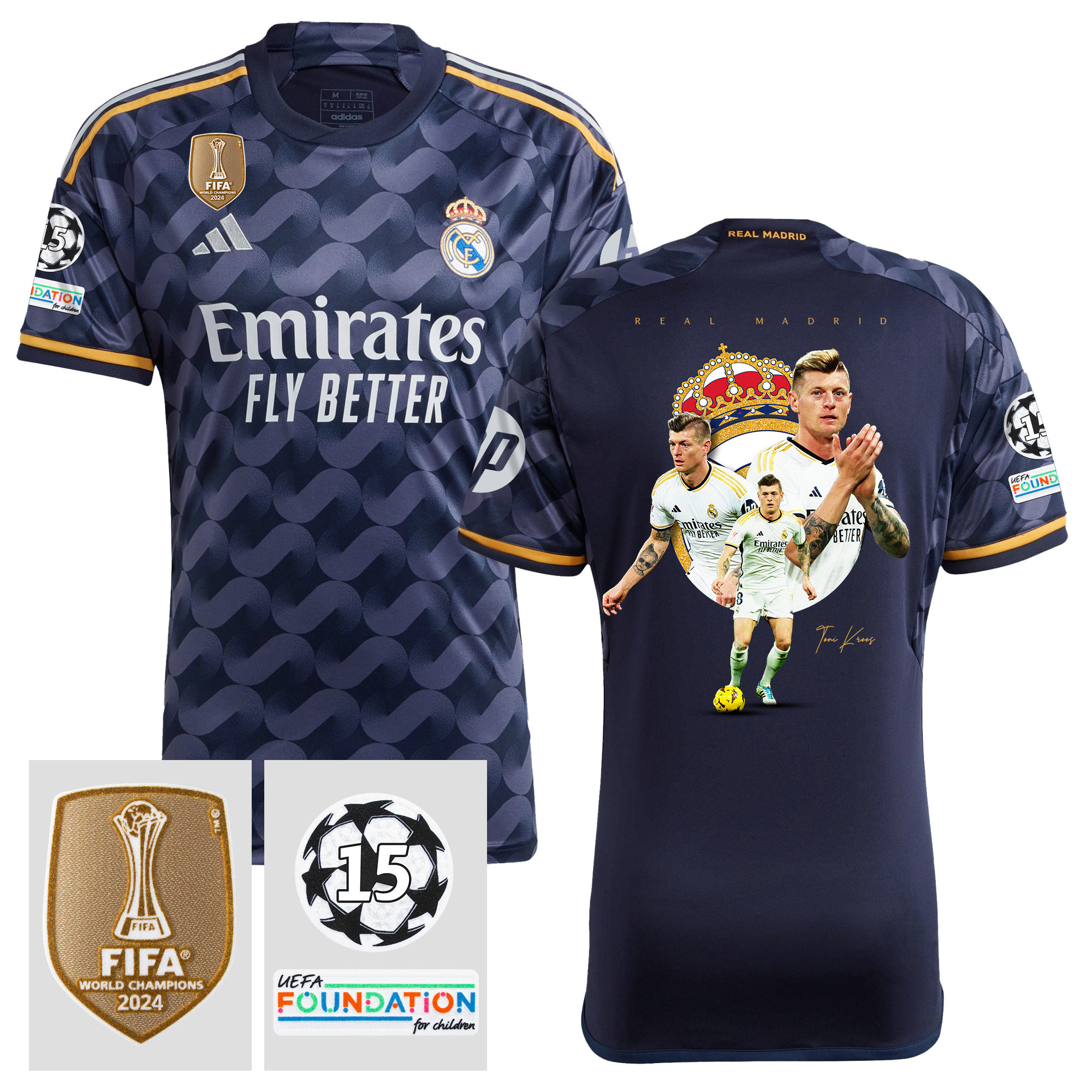 Toni Kroos 8 Real Madrid 2023/24 15 Times Champions UEFA Patch Away Jersey – Best Moments