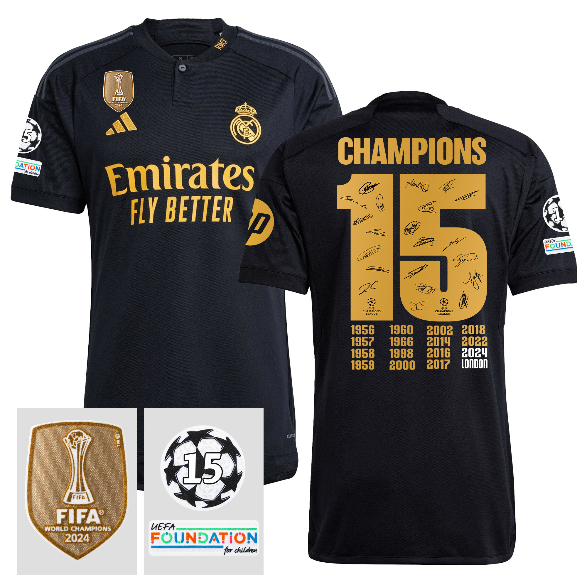 Real Madrid Team Signed UEFA 15 Times Champions 2023/24 Third Jersey with UEFA Patch, Men Black