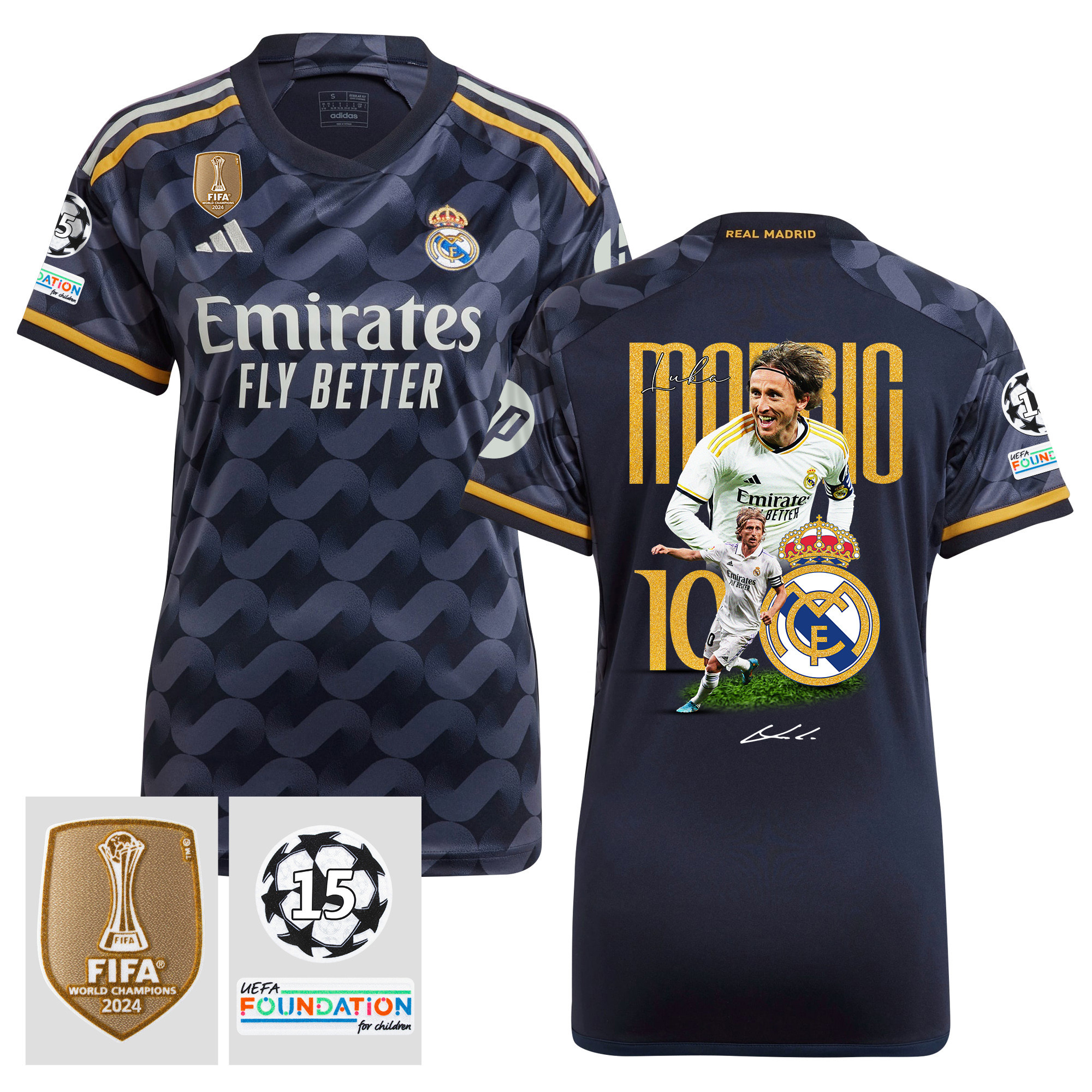 Luka Modric 10 Starball 15 Times Champions Real Madrid 2023/24 UEFA Patch Away Women Jersey, Trophy-Laden Journey