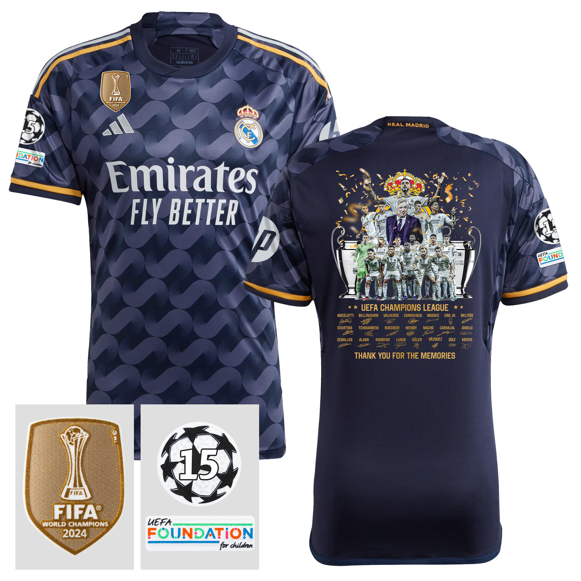 Real Madrid Thank You For Memories 2023/24 UEFA 15 Times Champions League Patch Away Jersey – Men, Black