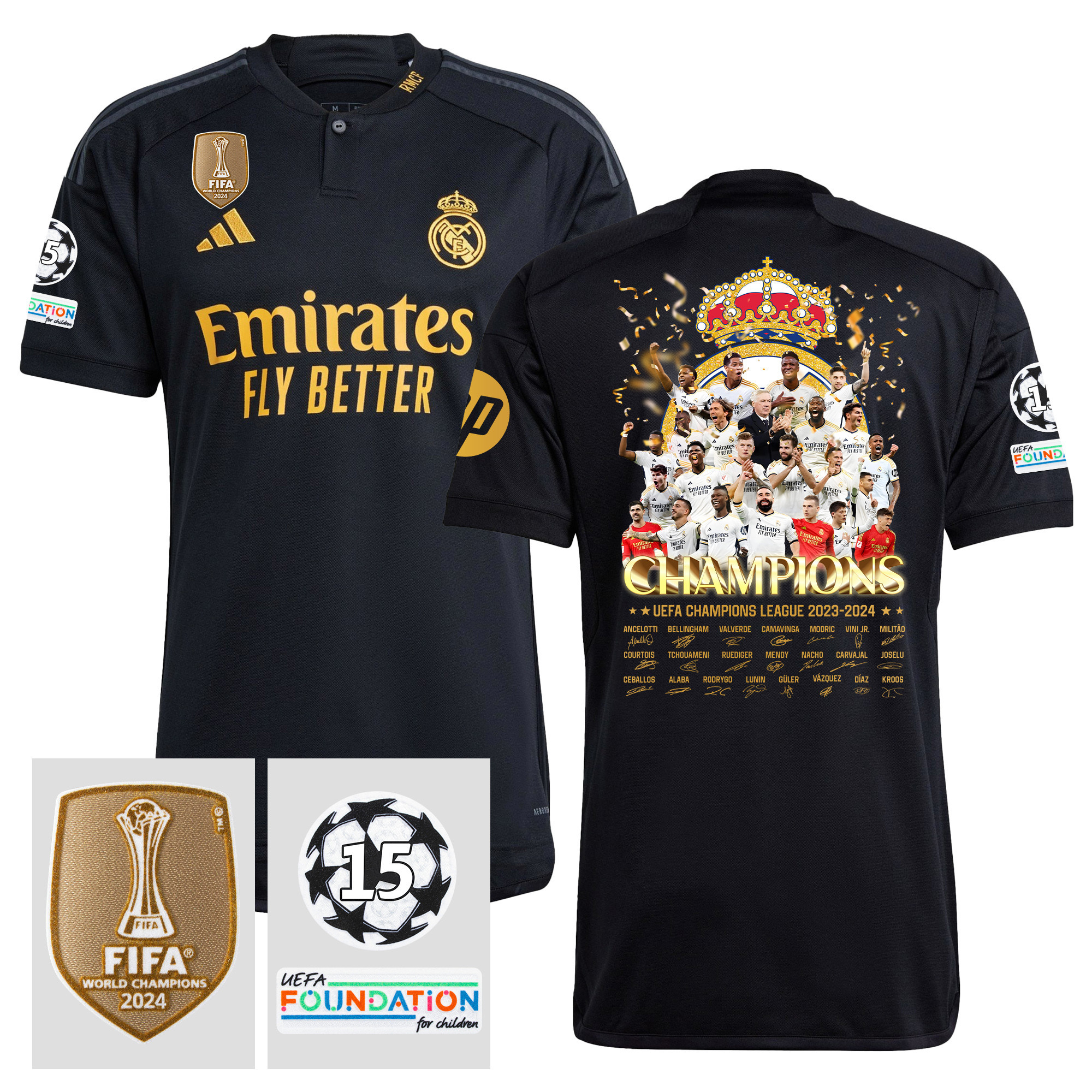 Real Madrid 2023/24 UEFA 15 Times Champions League Patch Third Jersey – Men, Black
