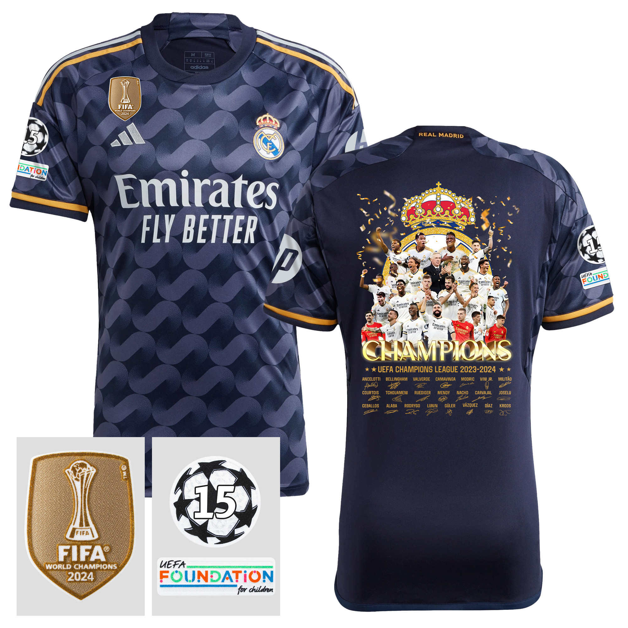 Real Madrid 2023/24 UEFA 15 Times Champions League Patch Away Jersey – Men, Black