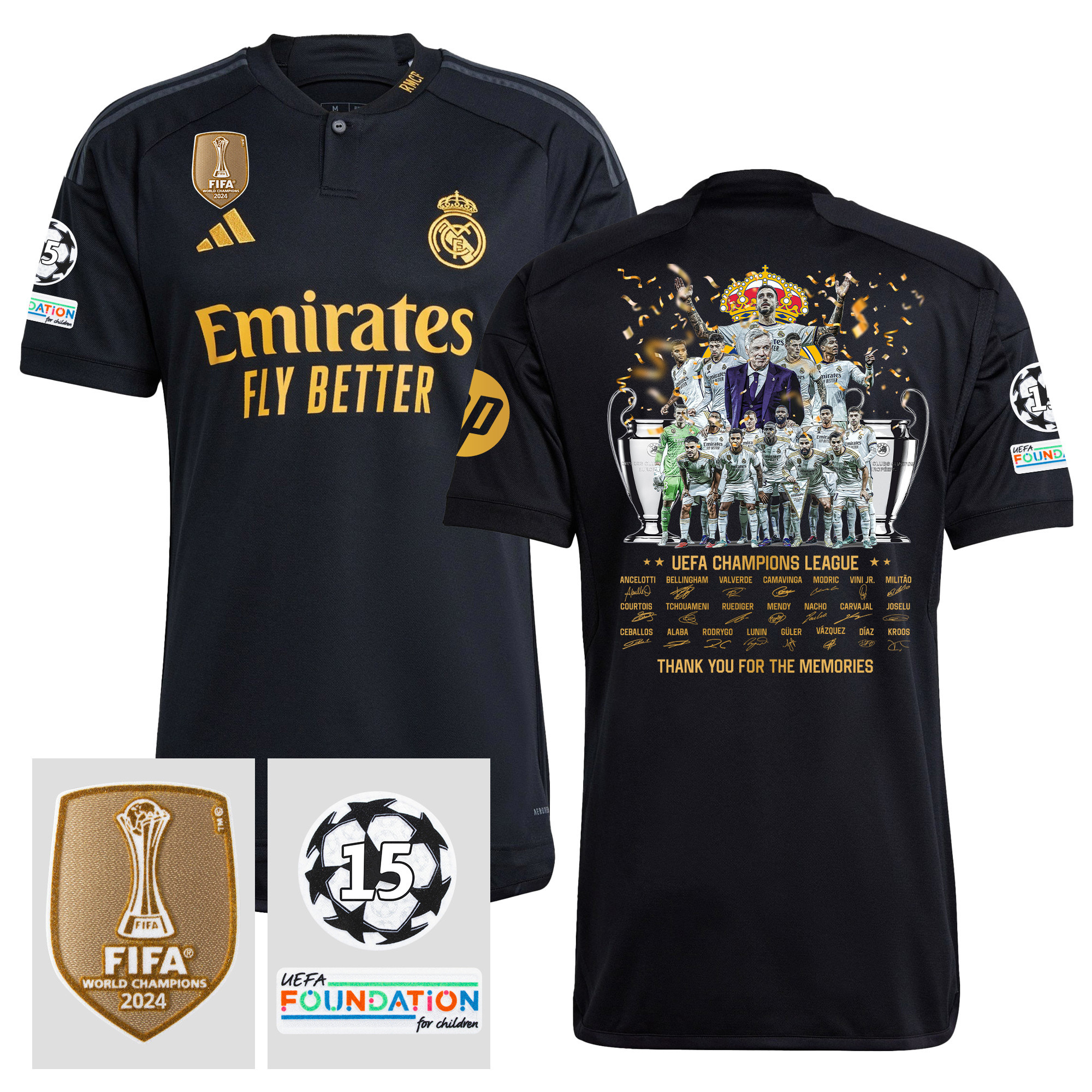 Real Madrid Thank You For Memories 2023/24 UEFA 15 Times Champions League Patch Third Jersey – Men, Black