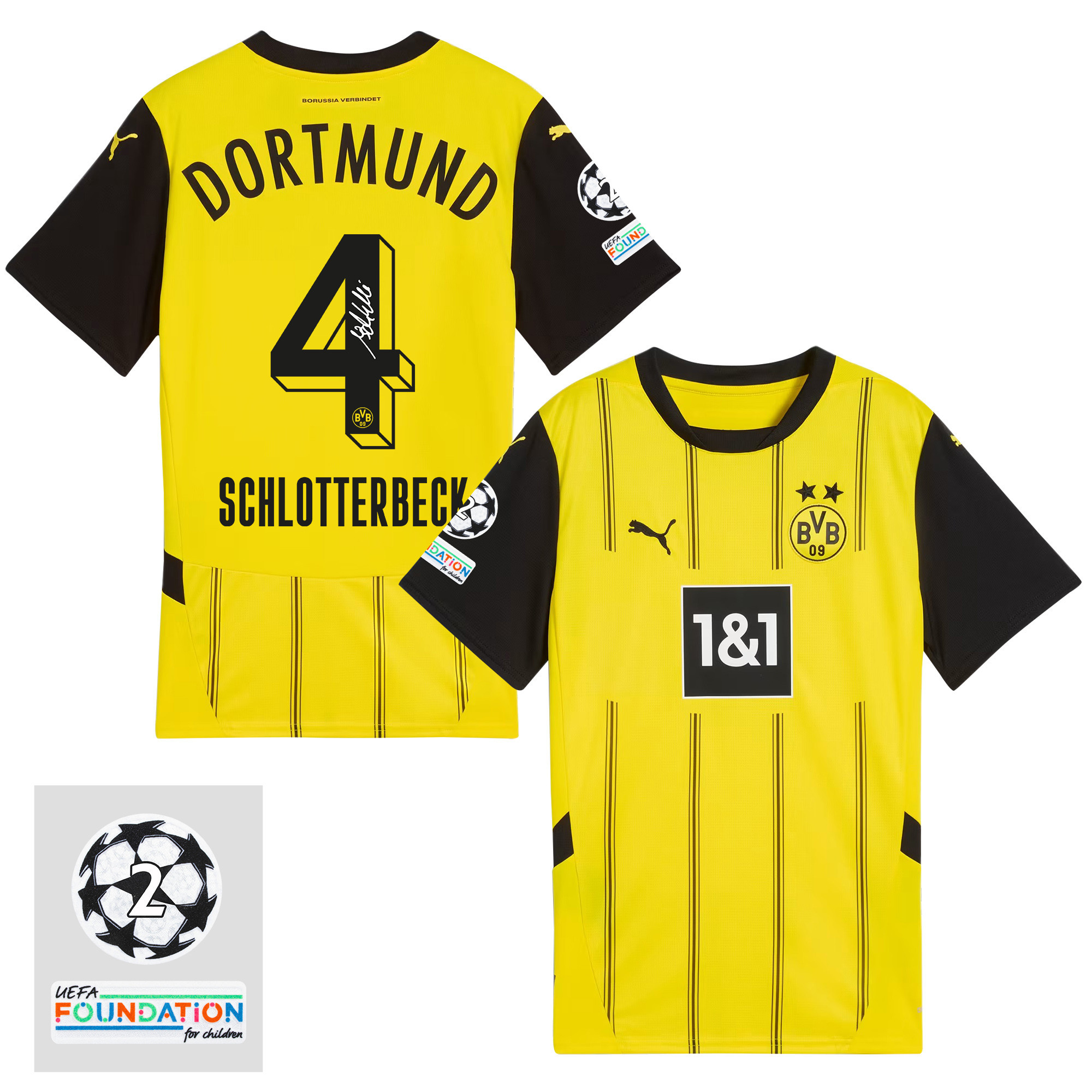 Nico Schlotterbeck 4 Signed Starball 2 Times Champions Borussia Dortmund 2024/25 UEFA Patch Home Jersey – Men