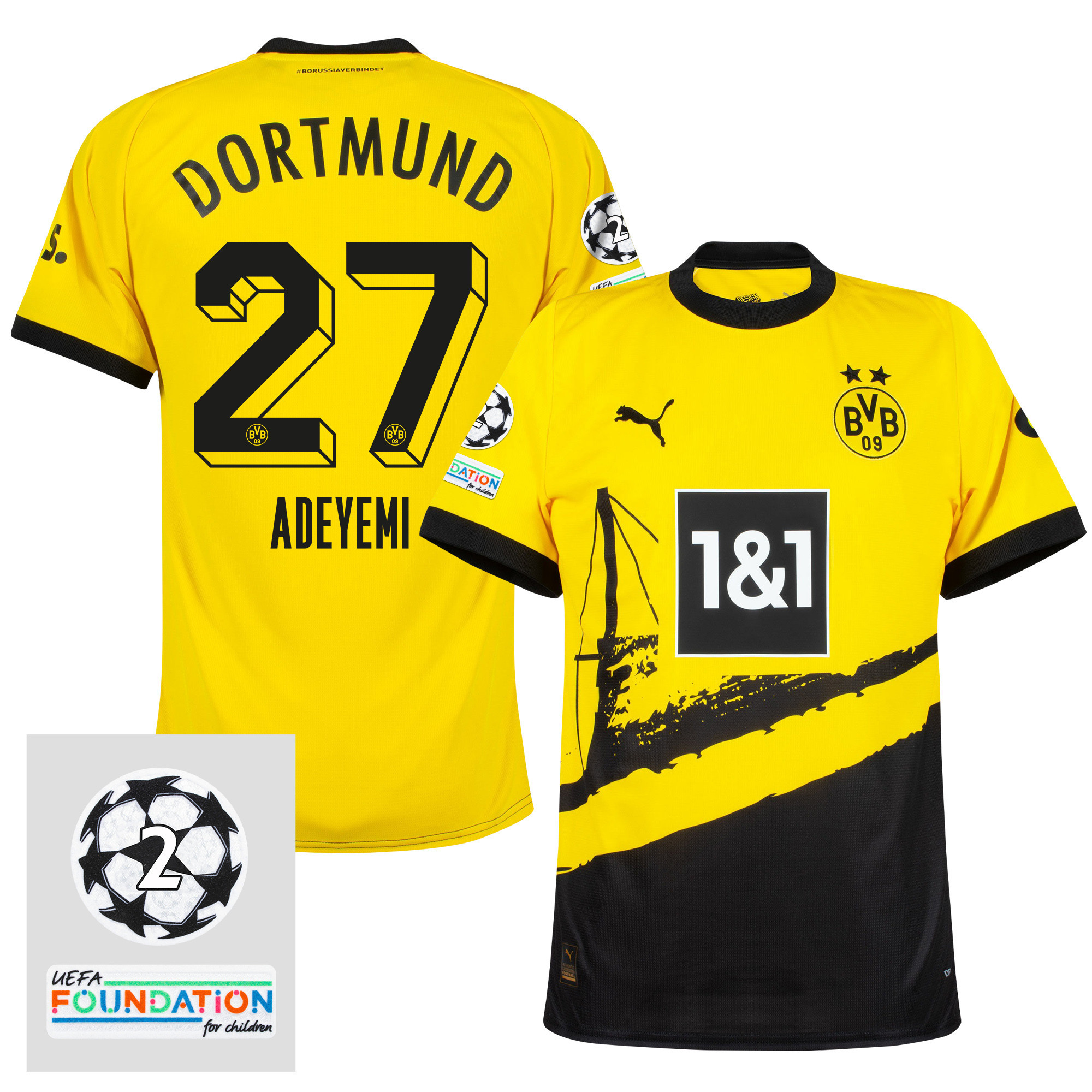 Karim Adeyemi 27 Starball 2 Times Champions Borussia Dortmund 2023/24 UEFA Patch Home Jersey – Men