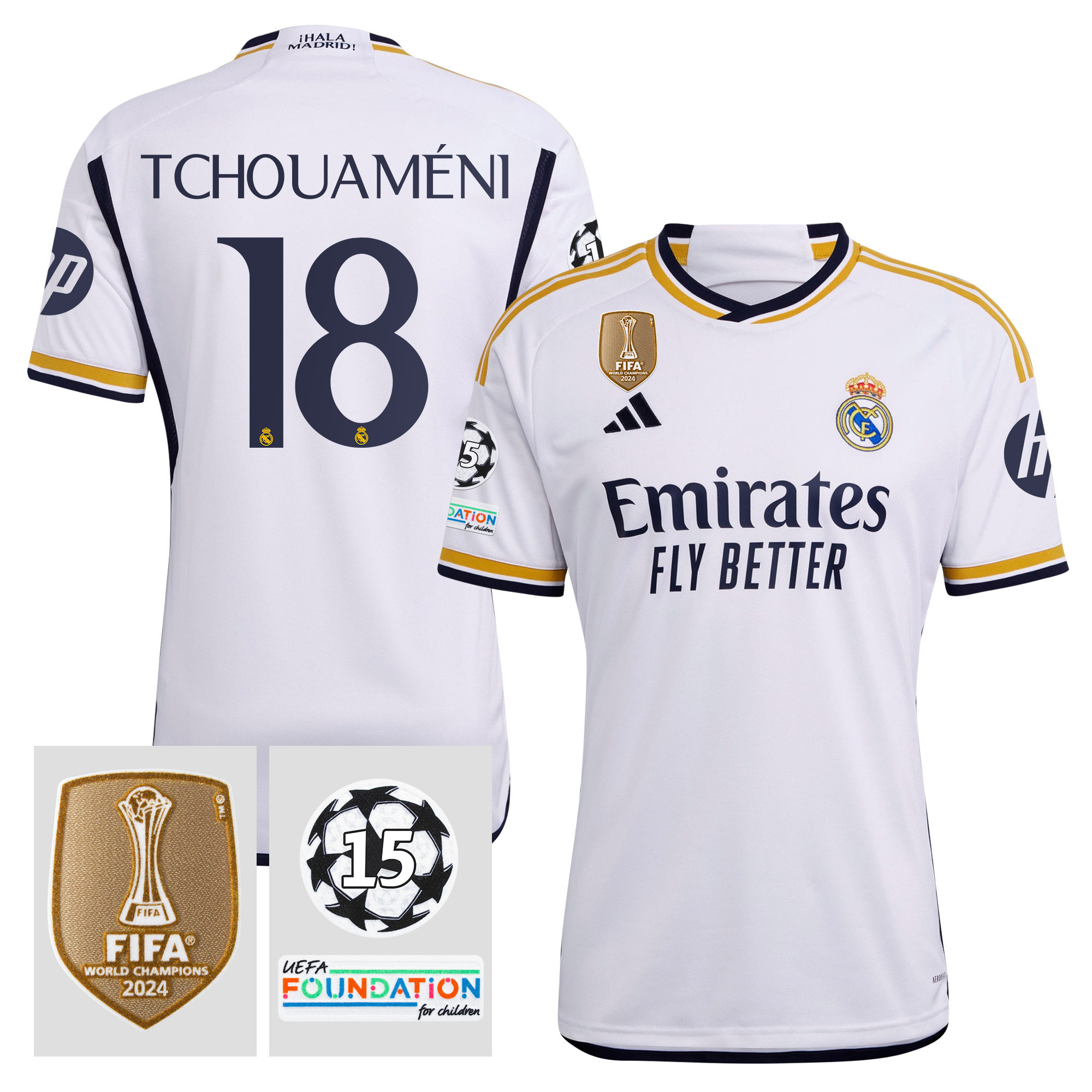 Aurlien Tchouamni 18 Starball 15 Times Champions Real Madrid 2023/24 UEFA Patch Home Jersey – Men