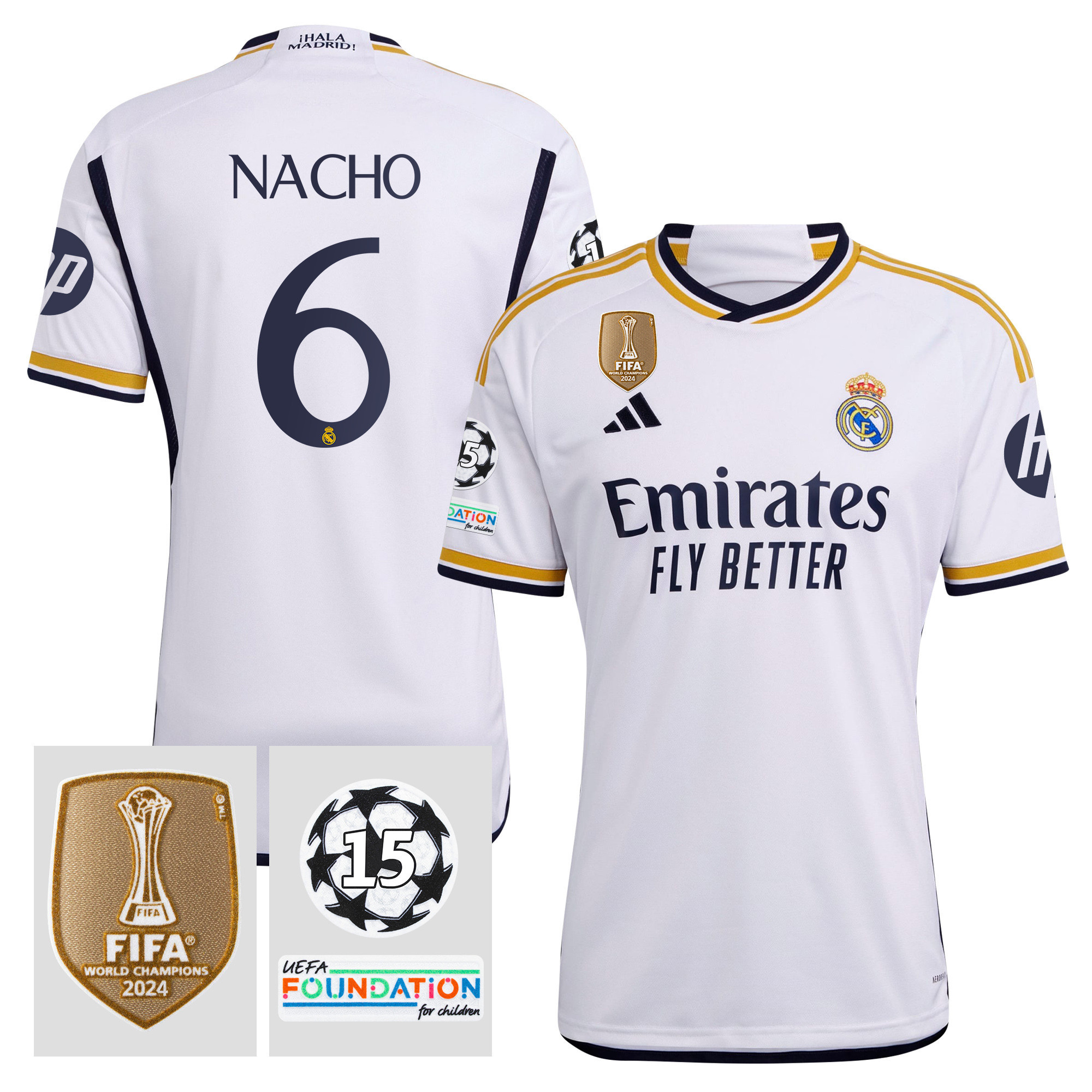 Nacho 6 Starball 15 Times Champions Real Madrid 2023/24 UEFA Patch Home Jersey – Men