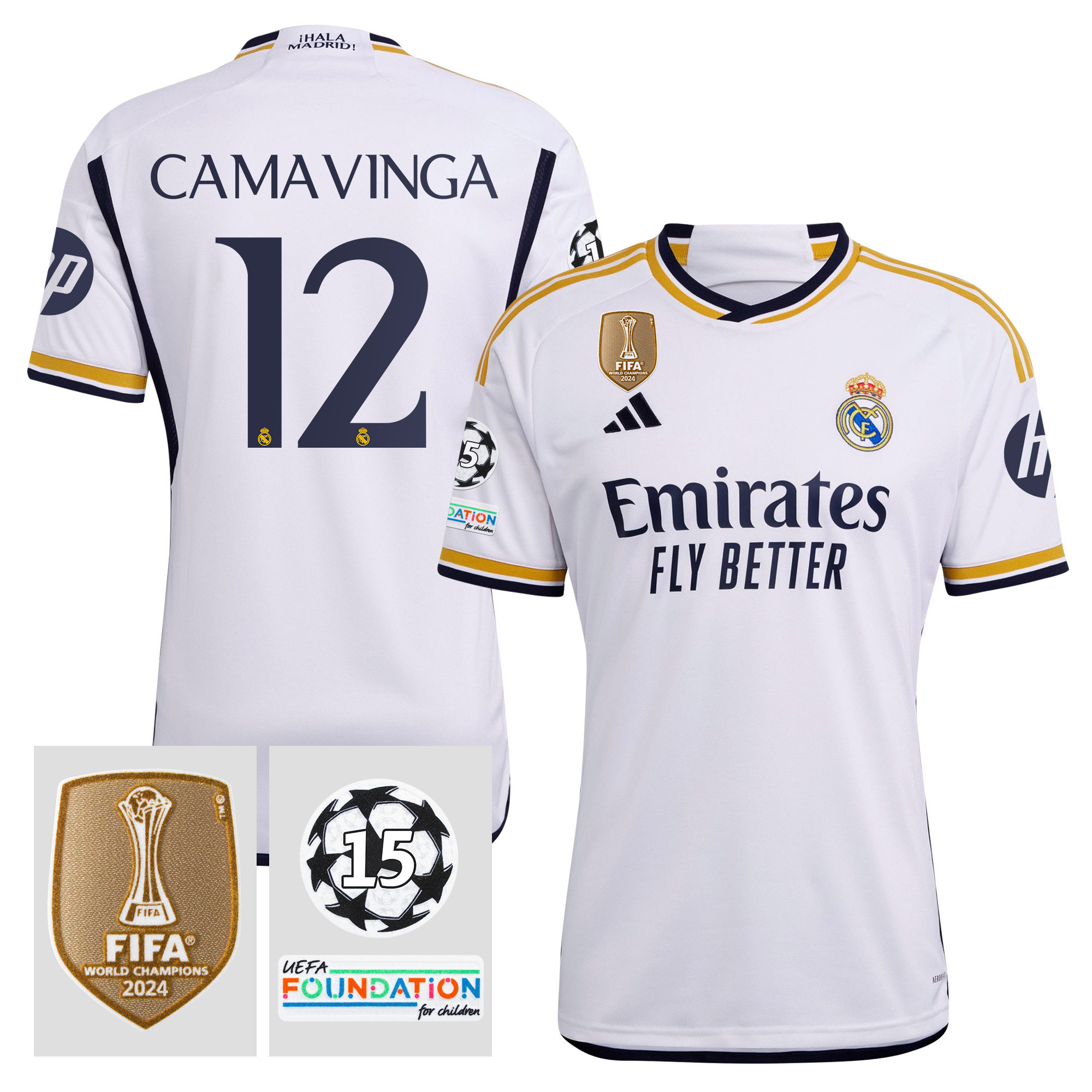 Eduardo Camavinga 12 Starball 15 Times Champions Real Madrid 2023/24 UEFA Patch Home Jersey – Men