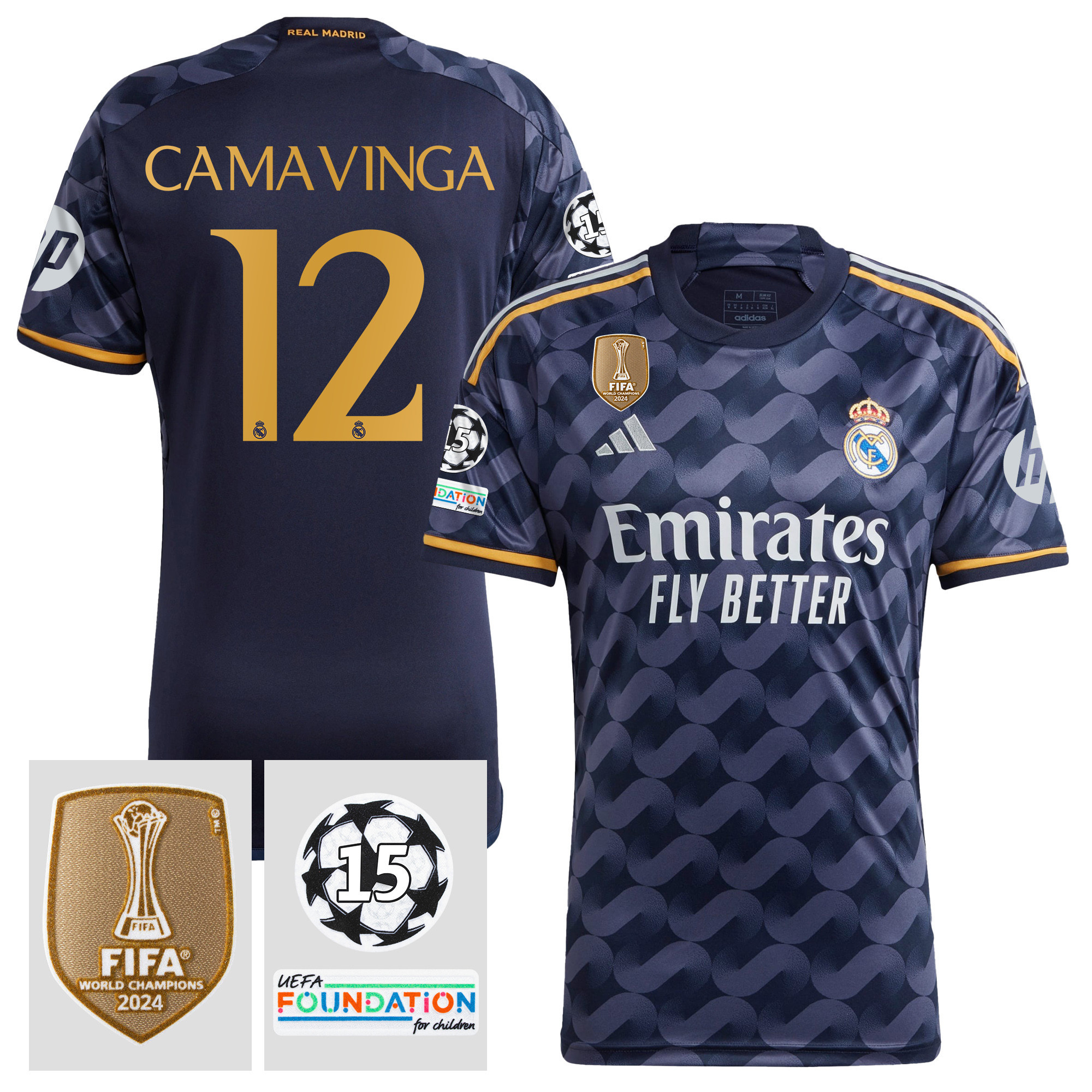 Eduardo Camavinga 12 Starball 15 Times Champions Real Madrid 2023/24 UEFA Patch Away Jersey – Men