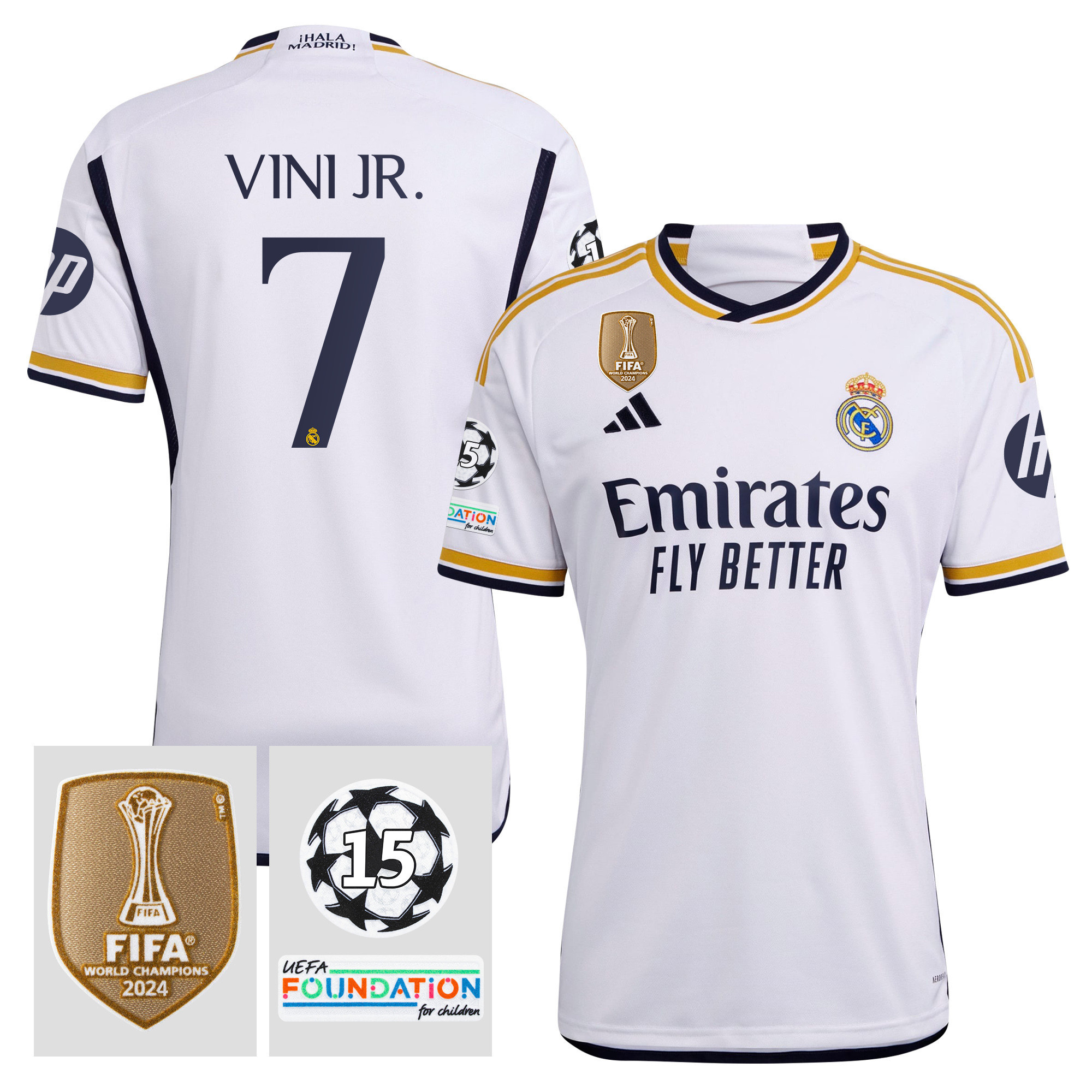 Vinicius Junior 7 Starball 15 Times Champions Real Madrid 2023/24 UEFA Patch Home Jersey – Men