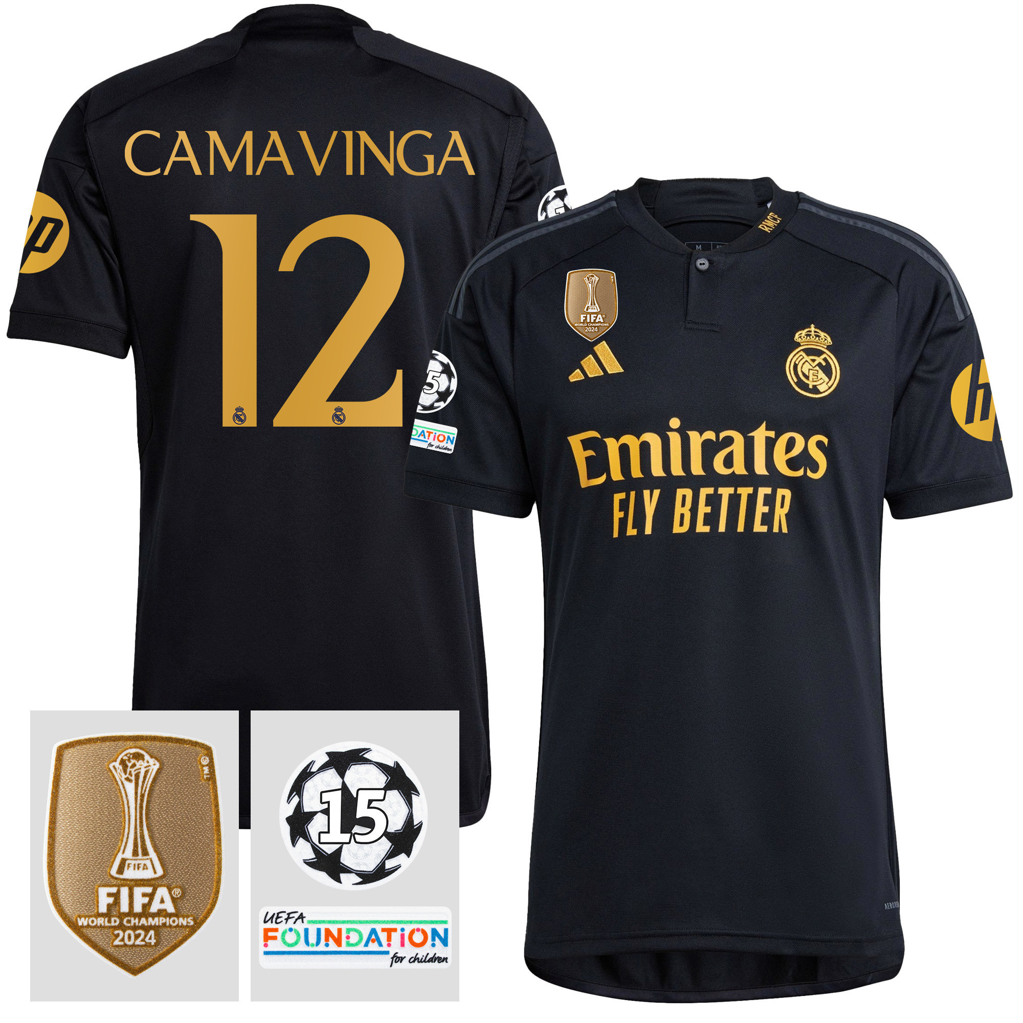 Eduardo Camavinga 12 Starball 15 Times Champions Real Madrid 2023/24 UEFA Patch Third Jersey – Men