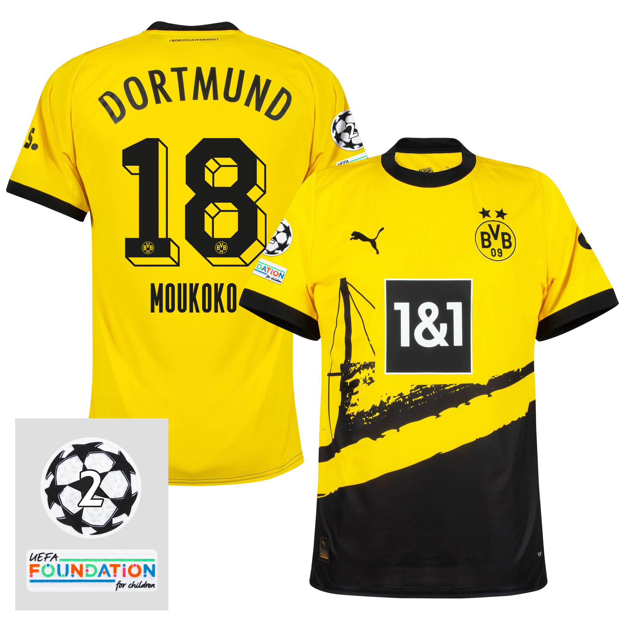 Youssoufa Moukoko 18 Starball 2 Times Champions Borussia Dortmund 2023/24 UEFA Patch Home Jersey – Men