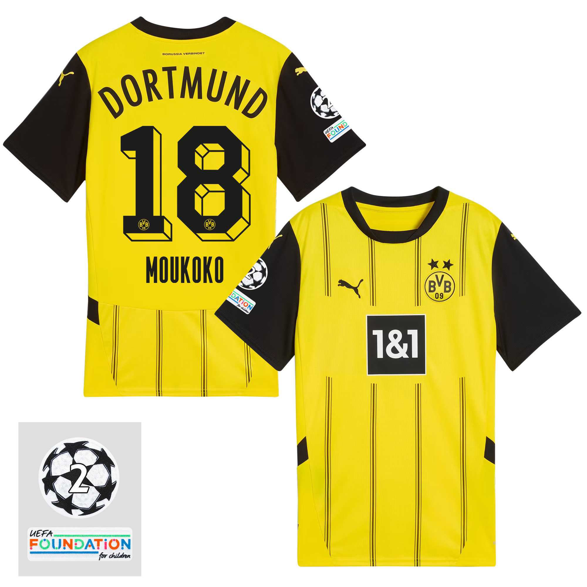 Youssoufa Moukoko 18 Starball 2 Times Champions Borussia Dortmund 2024/25 UEFA Patch Home Jersey – Men