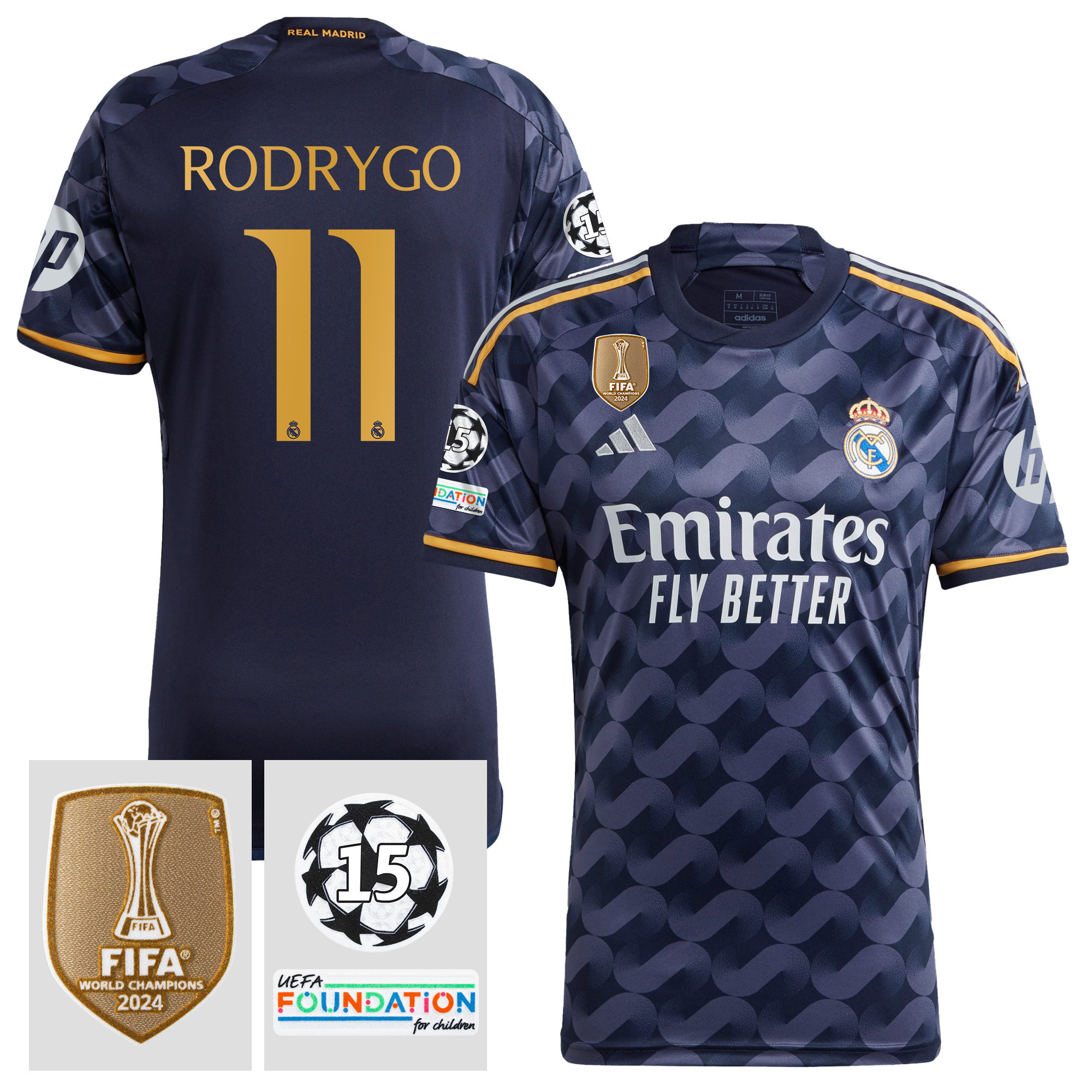 Rodrygo 11 Starball 15 Times Champions Real Madrid 2023/24 UEFA Patch Away Jersey – Men