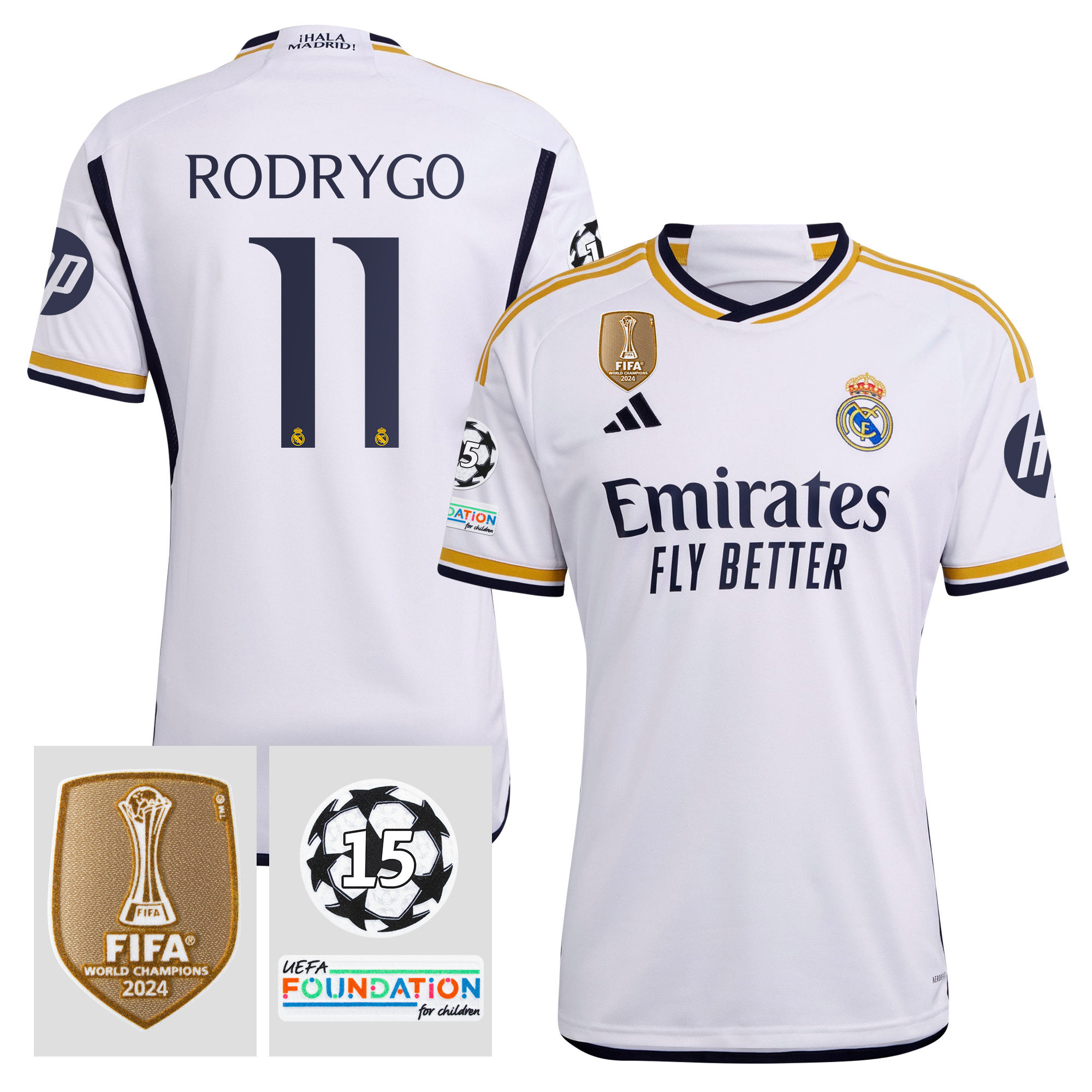 Rodrygo 11 Starball 15 Times Champions Real Madrid 2023/24 UEFA Patch Home Jersey – Men