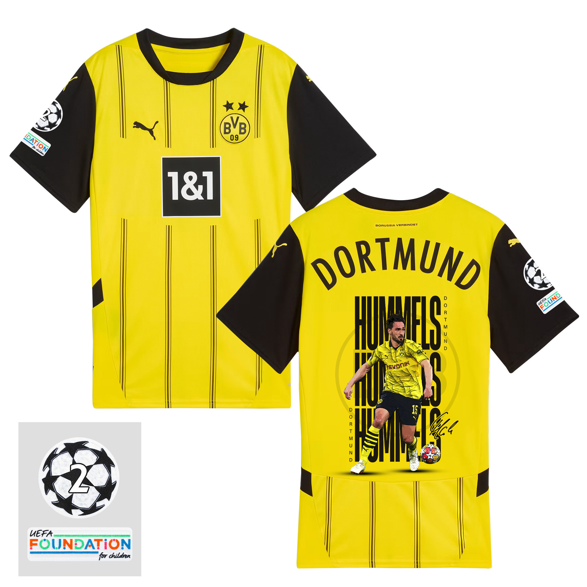 Mats Hummels 15 Borussia Dortmund 2024/25 UEFA 2 Times Champions Patch Home Jersey – Graphic Idea V1